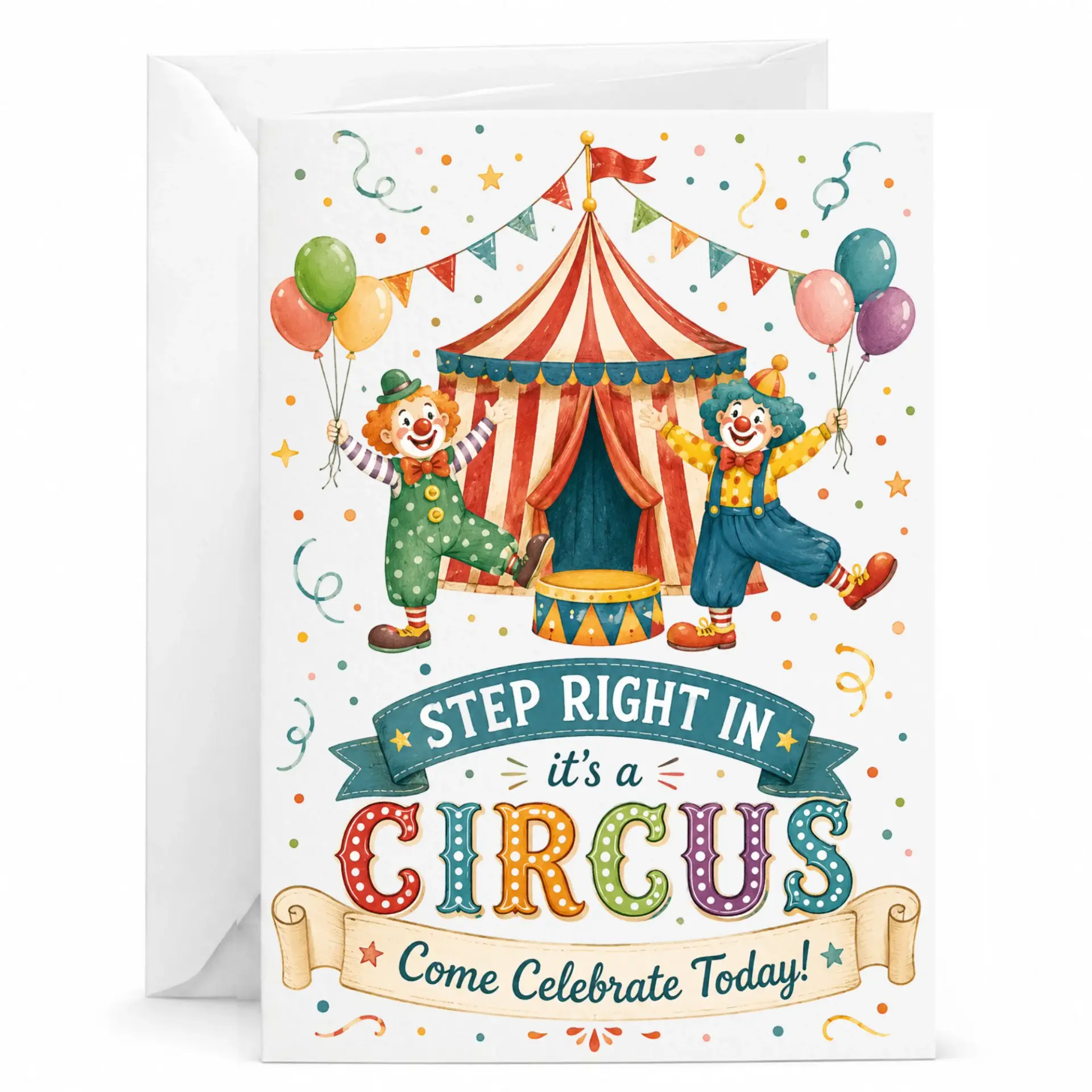 Funny Circus Theme Greeting Card with Envelope for Birthday Celebrations and Joyful Occasions 5x7 Inches Folded