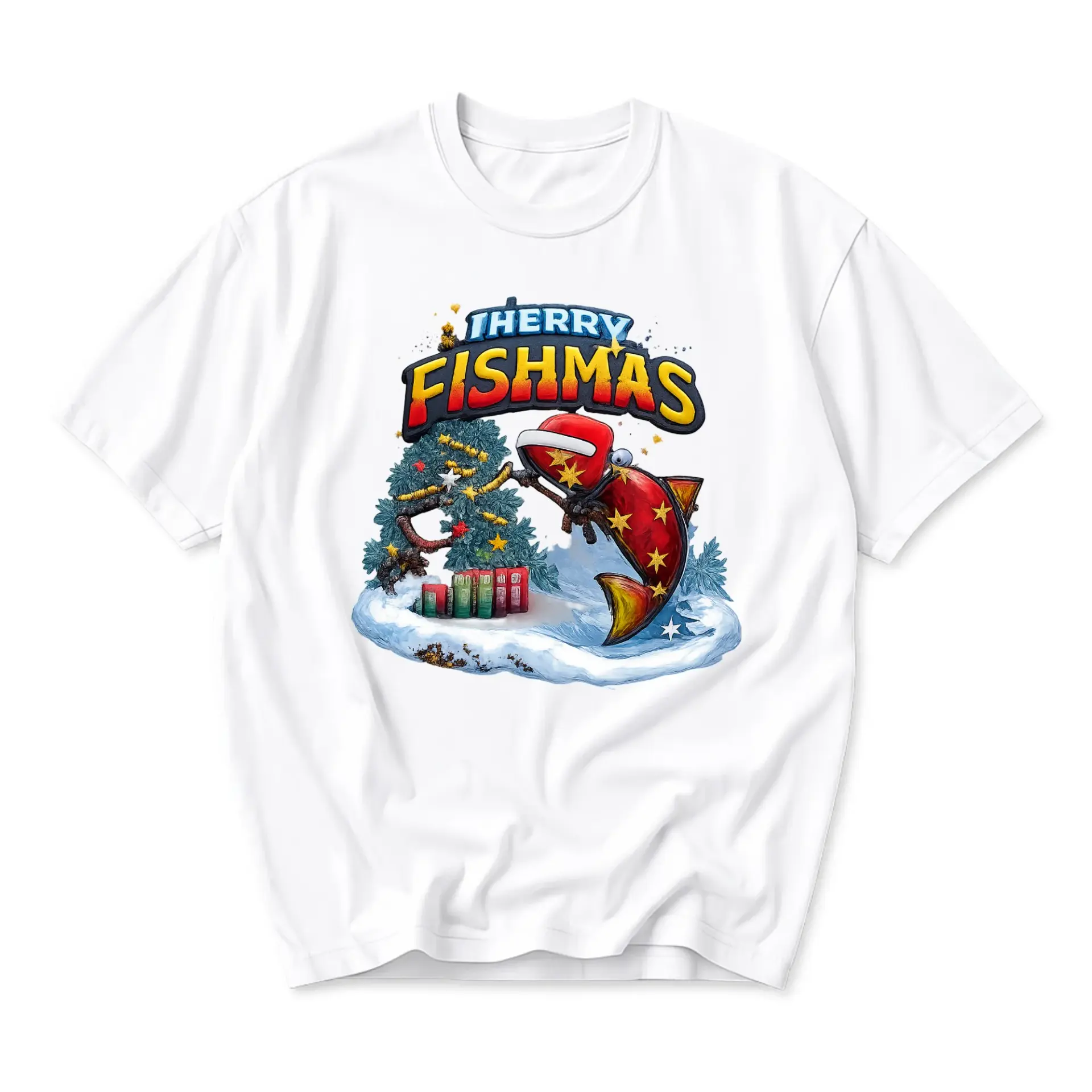 Funny Shirt Merry Fishmas Holiday Graphic Tee Unisex Short Sleeve Crew Neck Cotton Blend Casual Apparel White Top