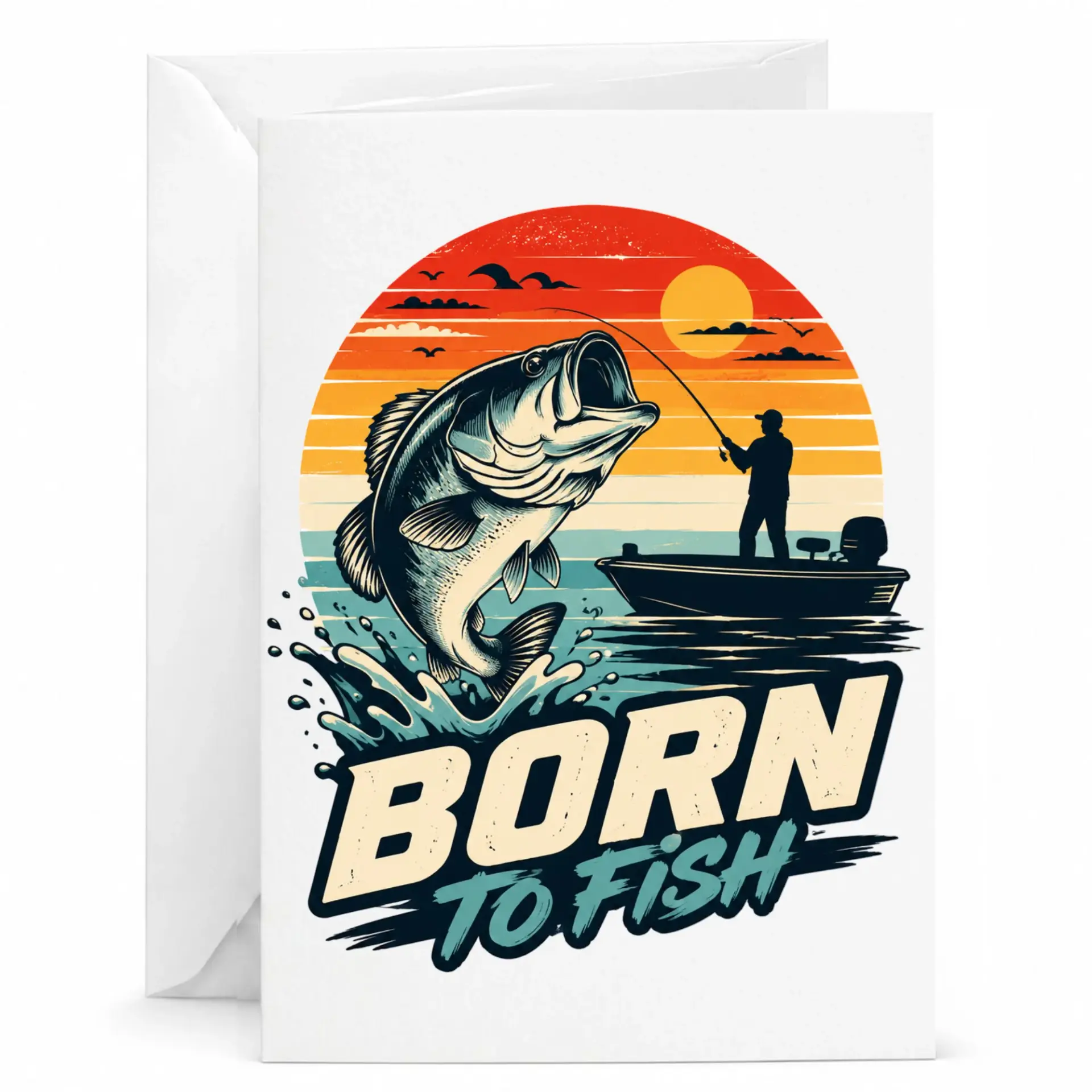Born to Fish Greeting Card with Envelope, Retro Bass Angler Fisherman Design, Durable Heavyweight Stationery for Enthusiasts
