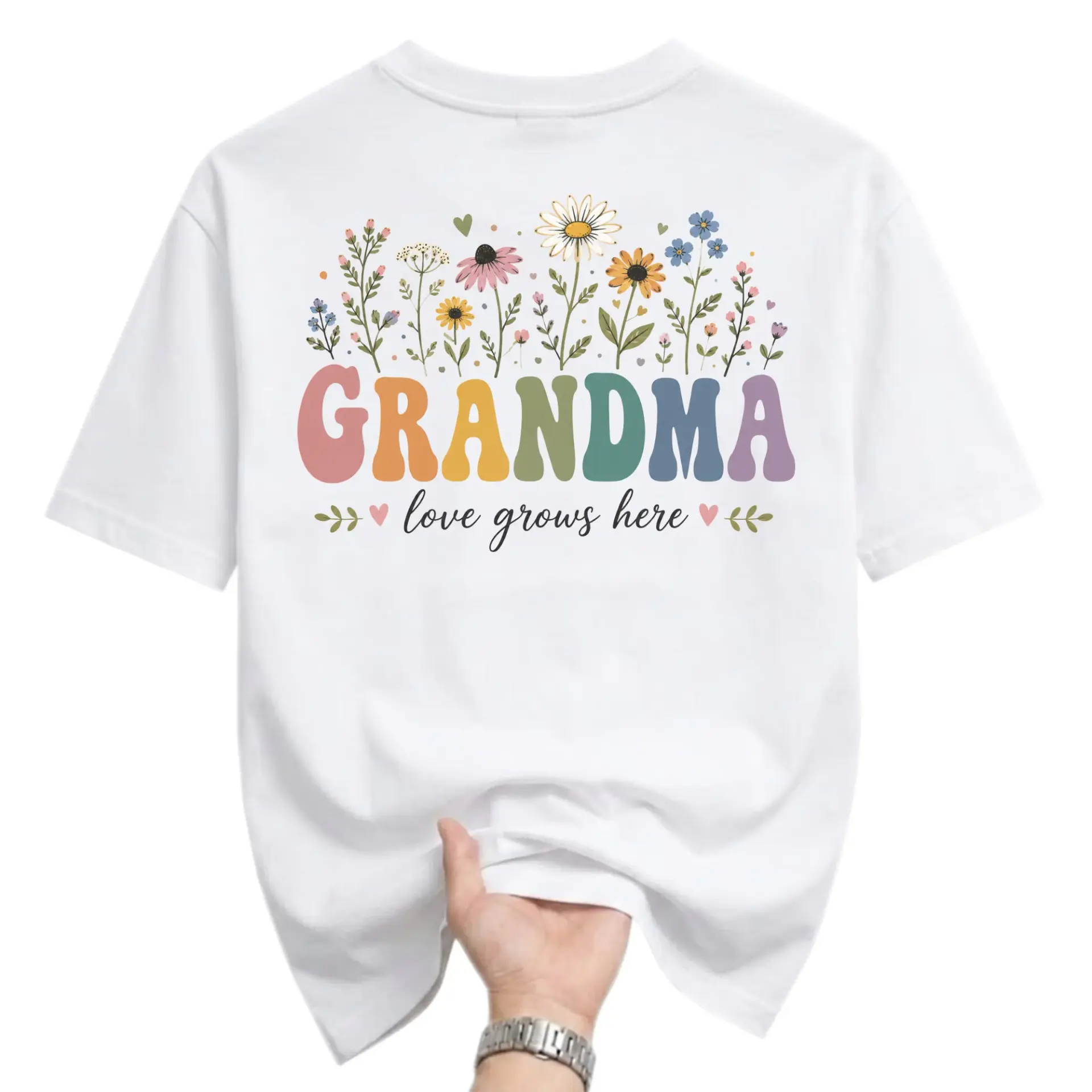 Graphic Tee Grandma Love Grows Here Floral Design Unisex Crew Neck Soft Cotton Casual Everyday Shirt