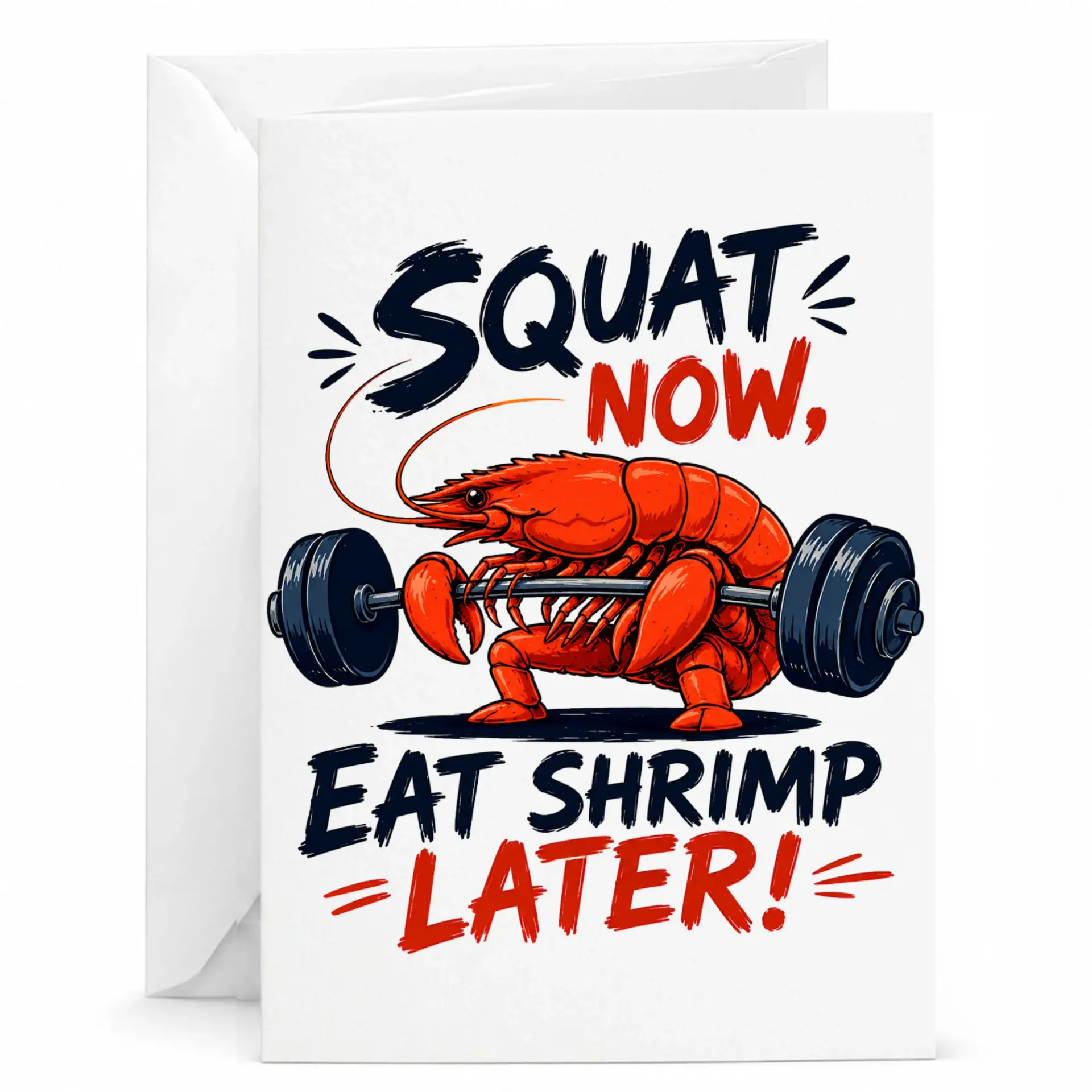 Funny Squat Now Eat Shrimp Later Greeting Card for Fitness Enthusiasts Gym Lover Workout Motivation Pun Design