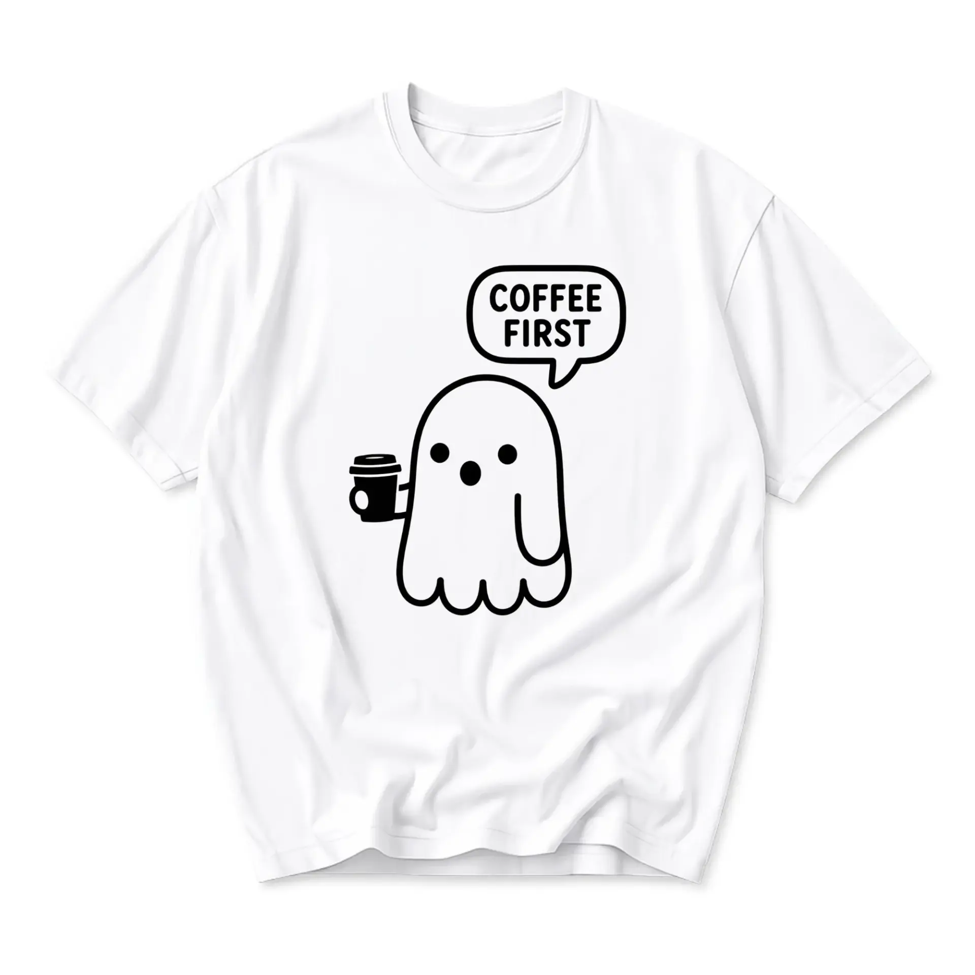 Funny Shirt Coffee First Cute Ghost Graphic Print Unisex Crew Neck Tee Comfortable Casual Everyday Apparel White