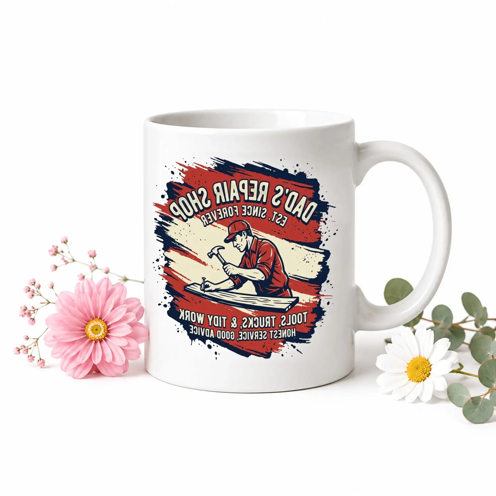 Funny Dads Repair Shop Ceramic Coffee Mug with Blue Handle Custom Graphic Drinkware for Workshop Enthusiasts and Home Use