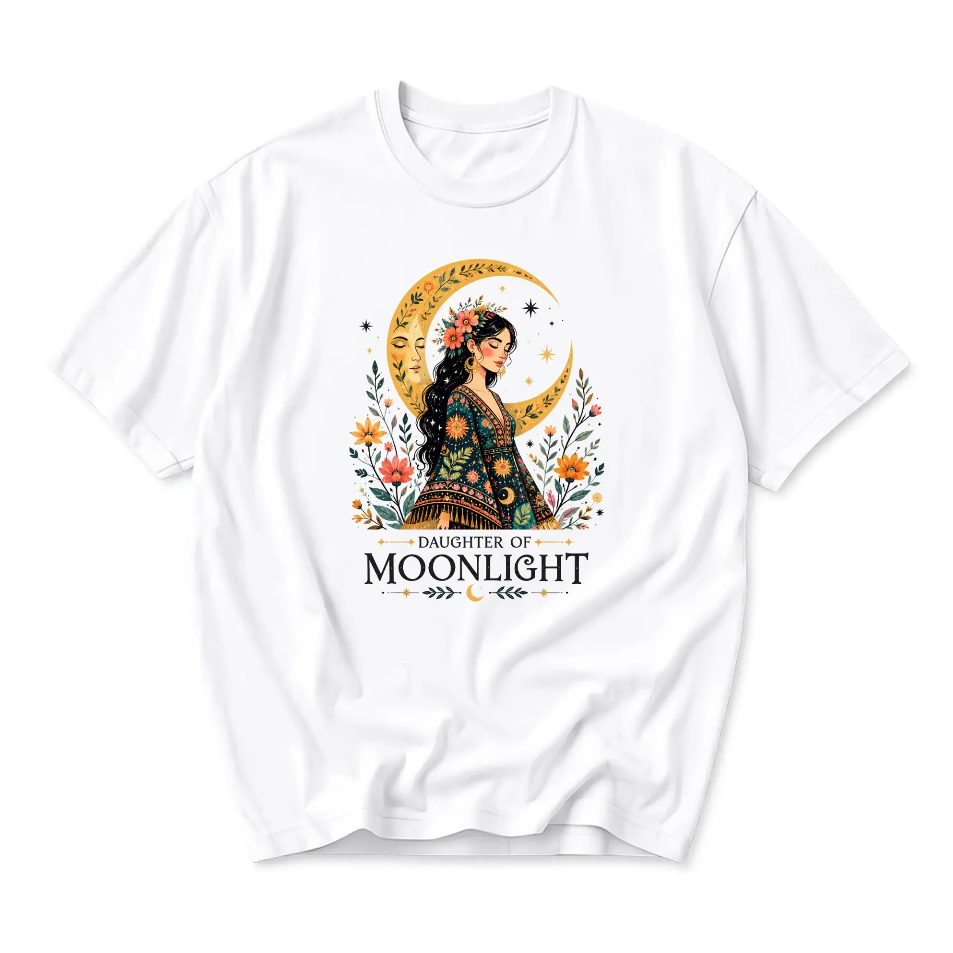 Graphic Tee Daughter of Moonlight Celestial Floral Print Unisex Casual Crew Neck Comfortable Cotton Blend Shirt