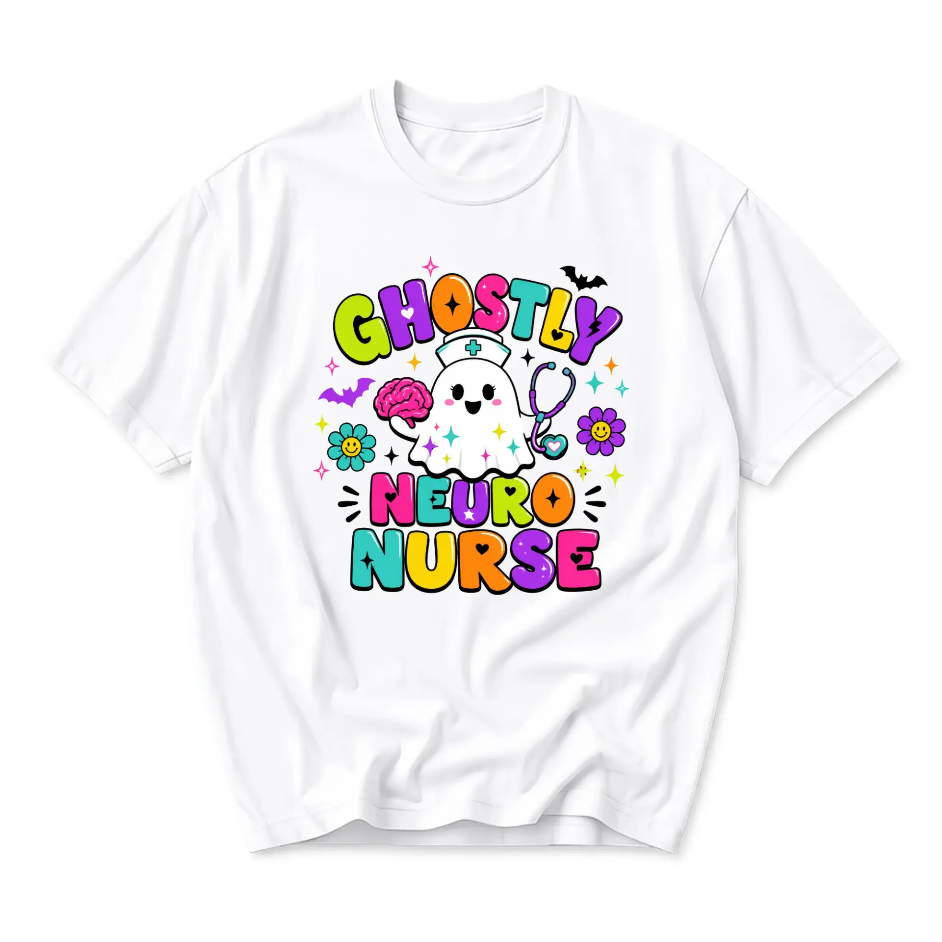 Funny Shirt Ghostly Neuro Nurse Graphic Tee Retro Medical Professional Halloween Themed Casual Cotton Crew Neck T-Shirt