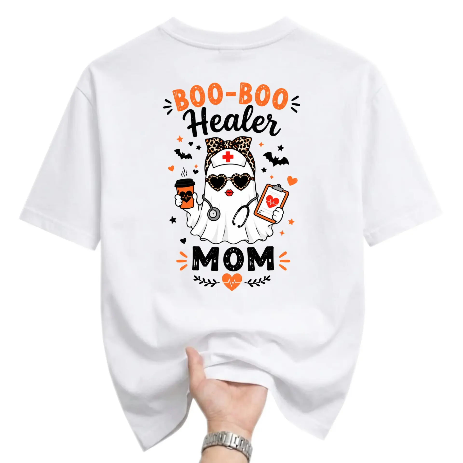 Funny Shirt Boo-Boo Healer Mom Graphic Tee Spooky Ghost Medical Nurse Outfit Unisex Casual Crewneck Cotton Top
