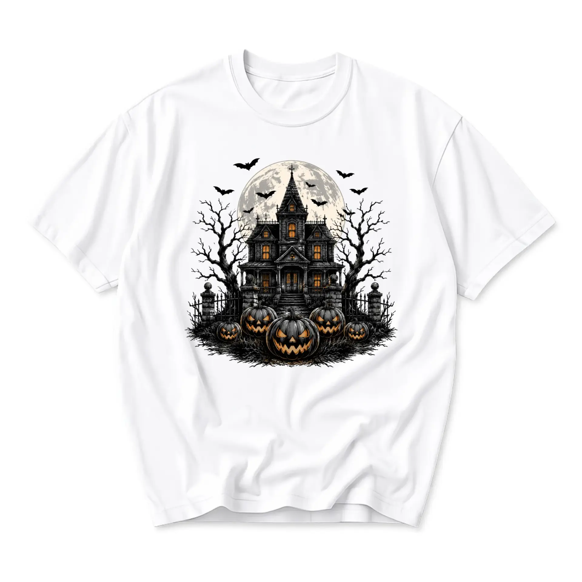 Graphic Tee Halloween Haunted House Shirt Spooky Pumpkin Mansion Print Unisex Crew Neck Casual Cotton Blend Top Apparel