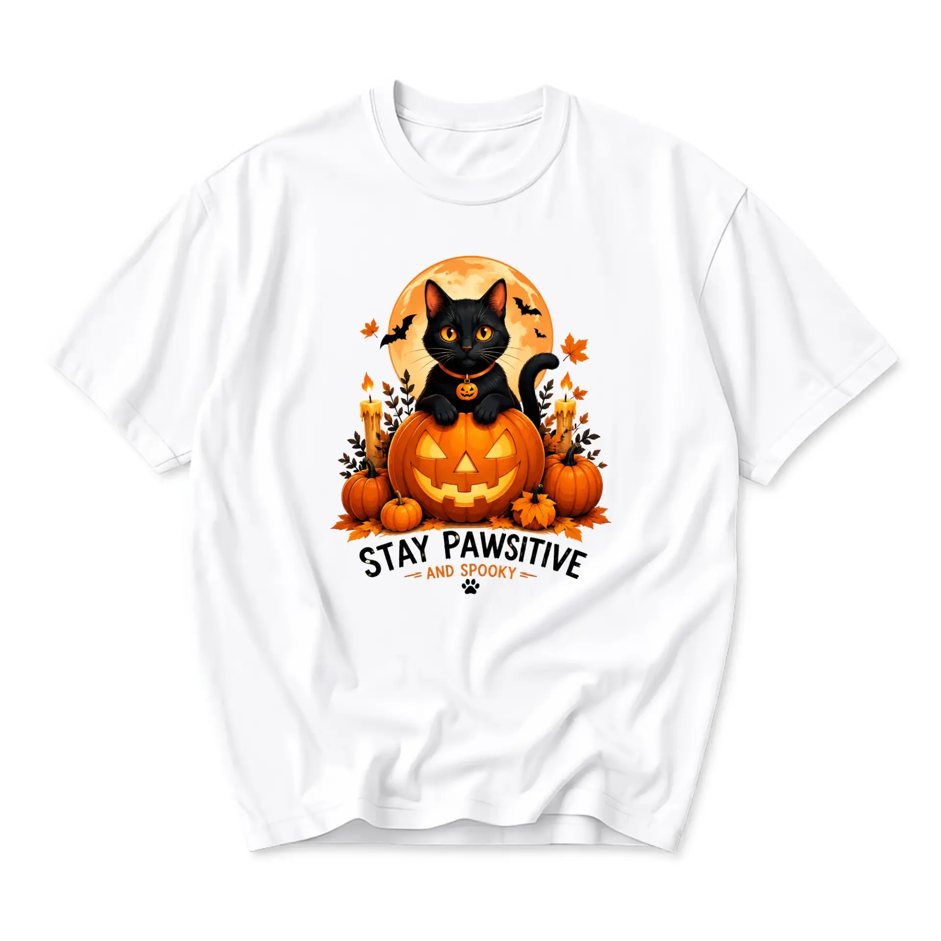 Funny Shirt Stay Pawsitive Halloween Graphic Tee Cat Pumpkin Autumn Festive Unisex Crew Neck Casual Everyday Apparel