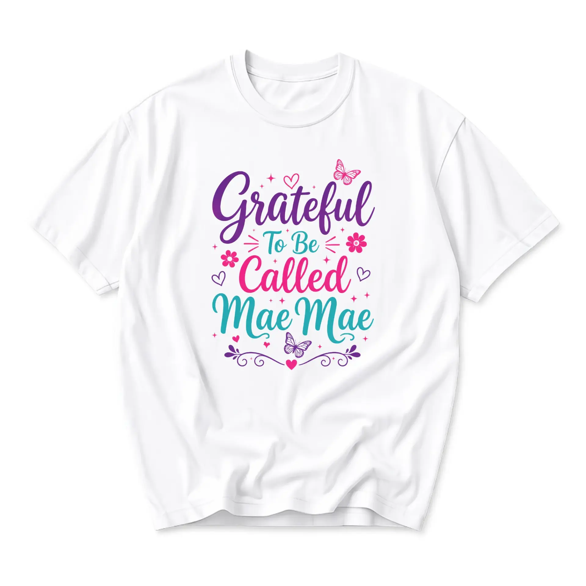 Graphic Tee Grateful to Be Called Mae Shirt Cute Butterfly Floral Typography Unisex Short Sleeve Crew Neck Top