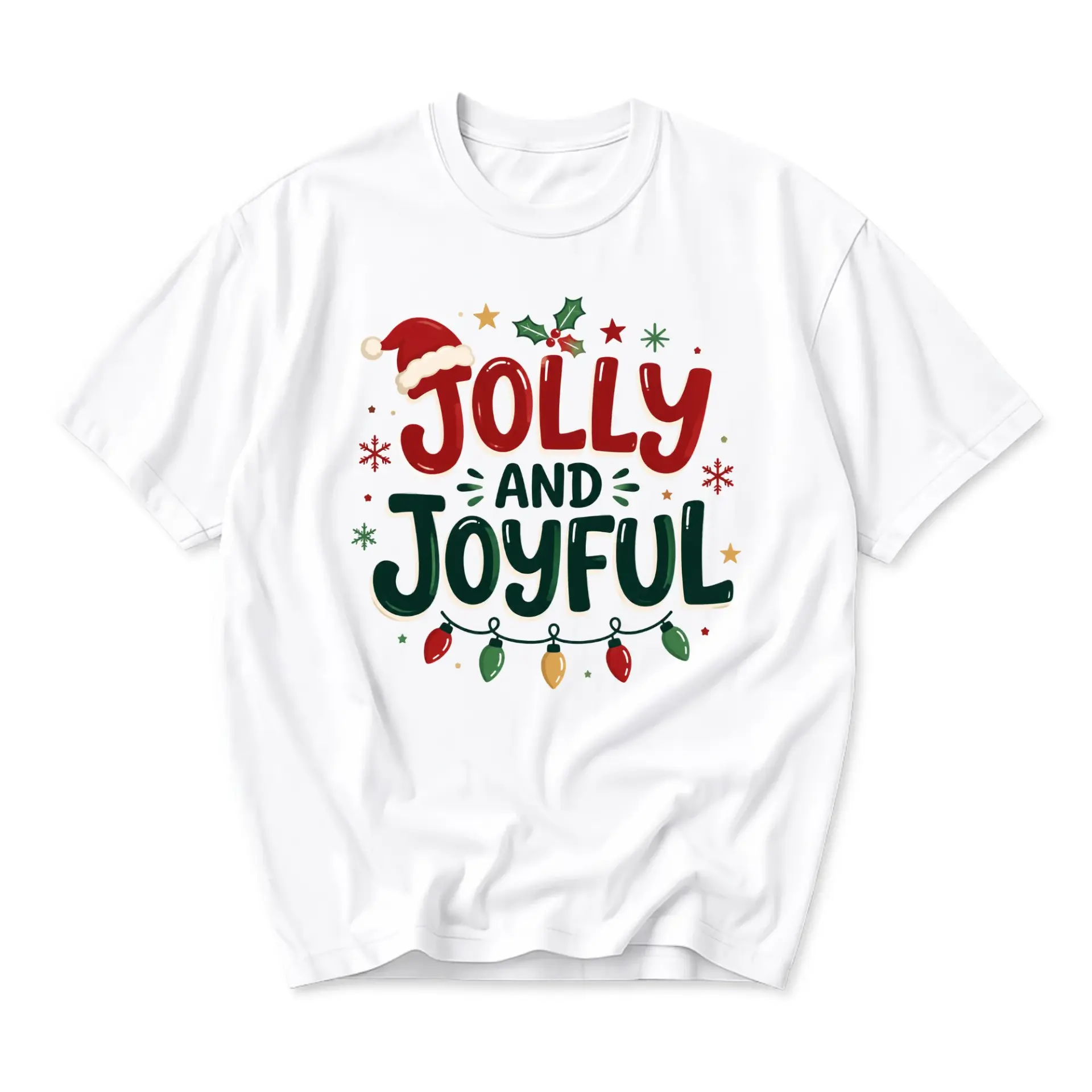 Graphic Tee Jolly and Joyful Holiday Shirt Seasonal Christmas Celebration Top Unisex Casual Crew Neck T-Shirt White