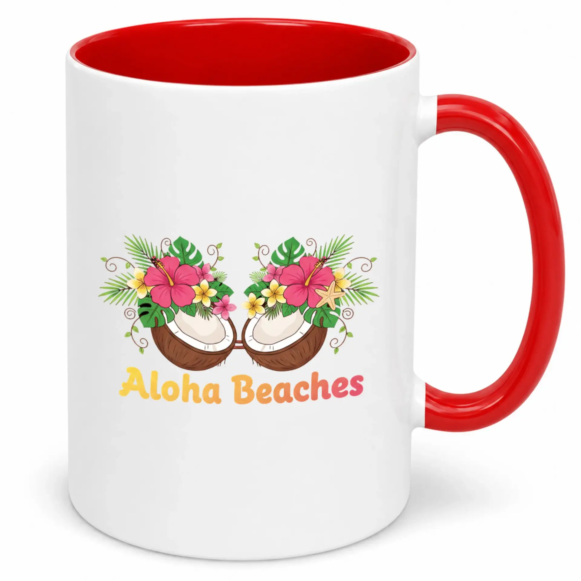 Funny Beaches Ceramic Coffee Mug Tropical Coconut Bra and Hibiscus Design Novelty Vacation Themed Drinkware Gift