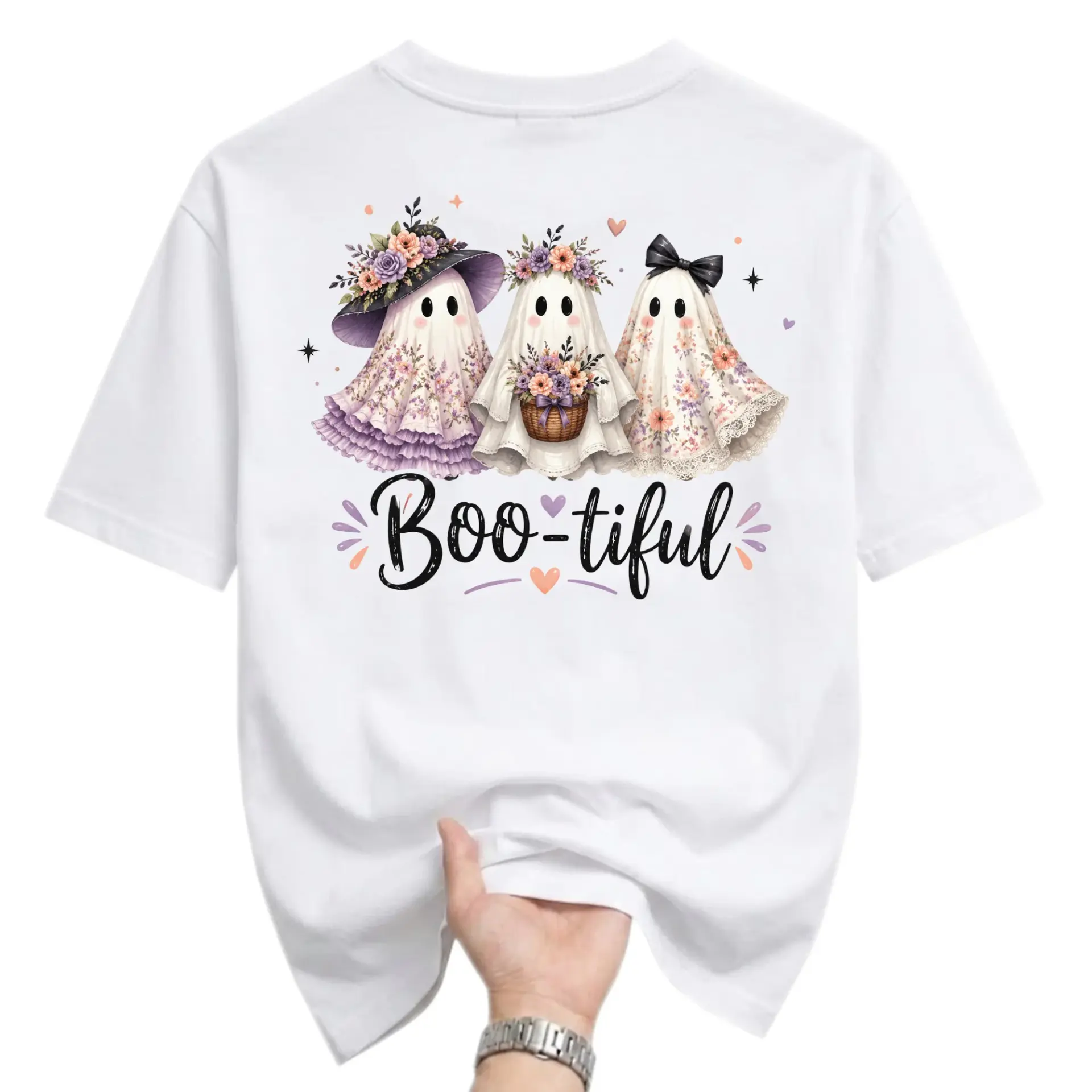 Funny Shirt Boo-Tiful Ghost Graphic Tee Floral Fall Aesthetic Unisex Crew Neck Casual Everyday Wear Cotton Blend