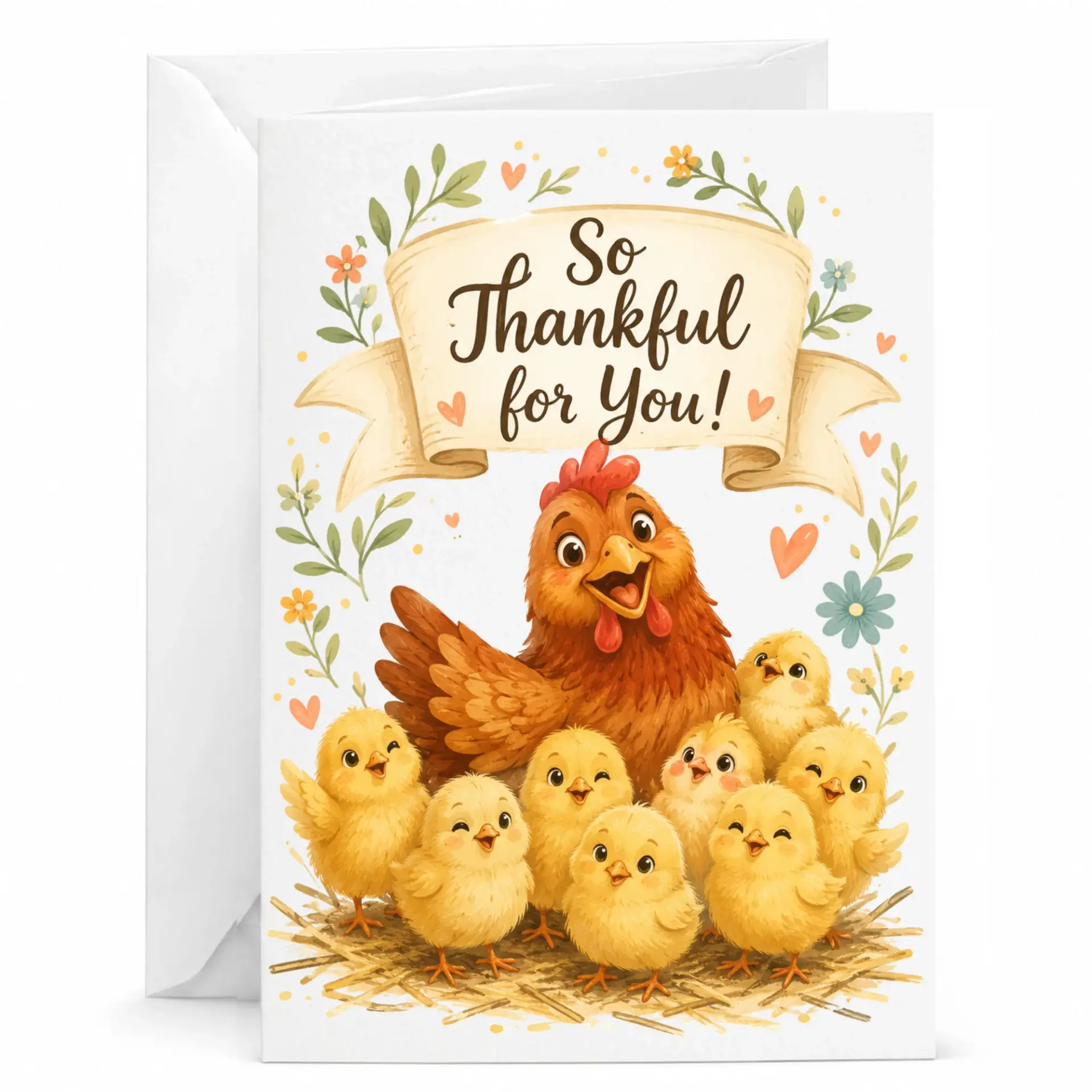 Card so Thankful for Featuring Cute Hen and Chicks Illustration with Floral Accents Folded Stationery