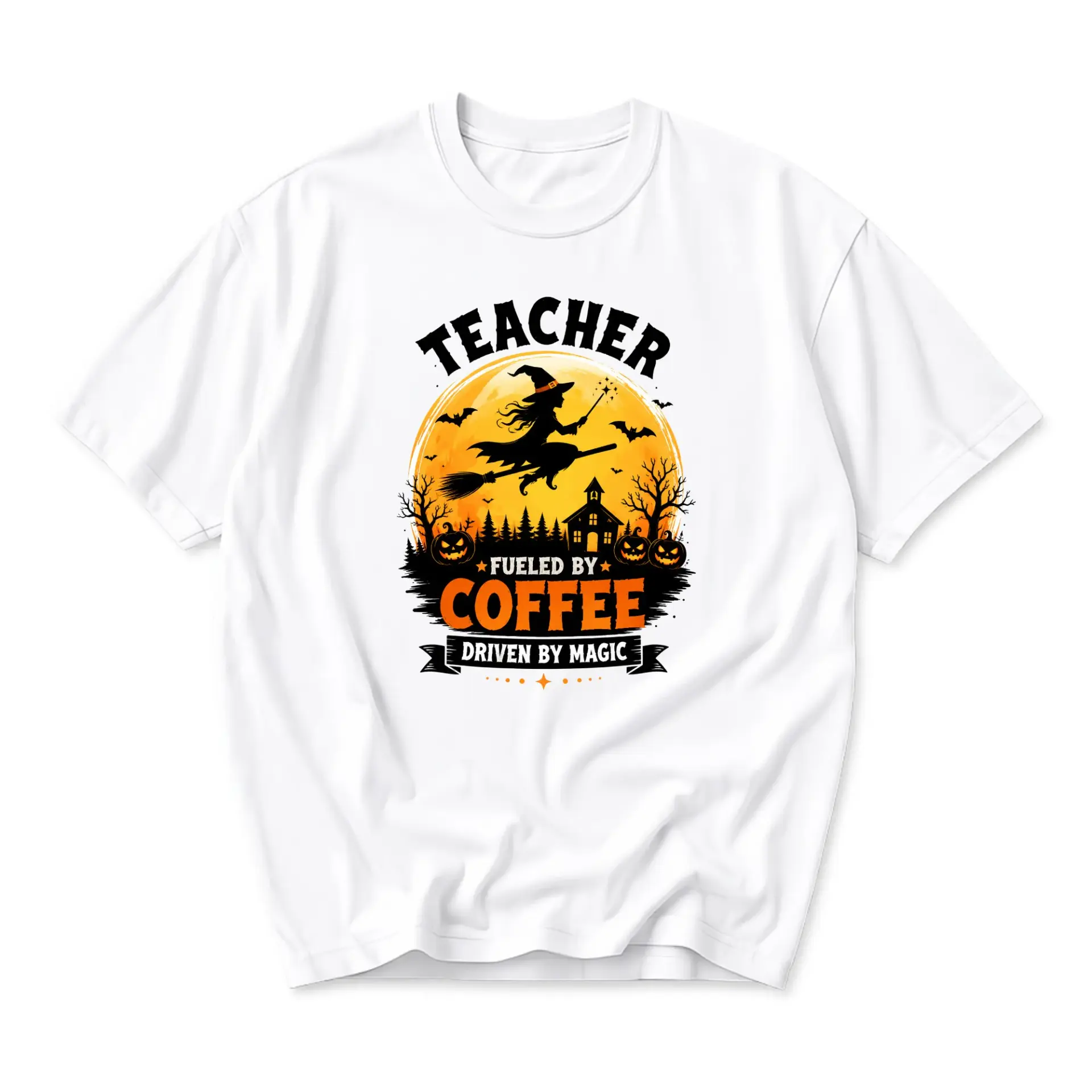 Graphic Tee Teacher Fueled by Coffee Driven by Magic Halloween Witch Shirt Unisex Crew Neck Casual Everyday Top