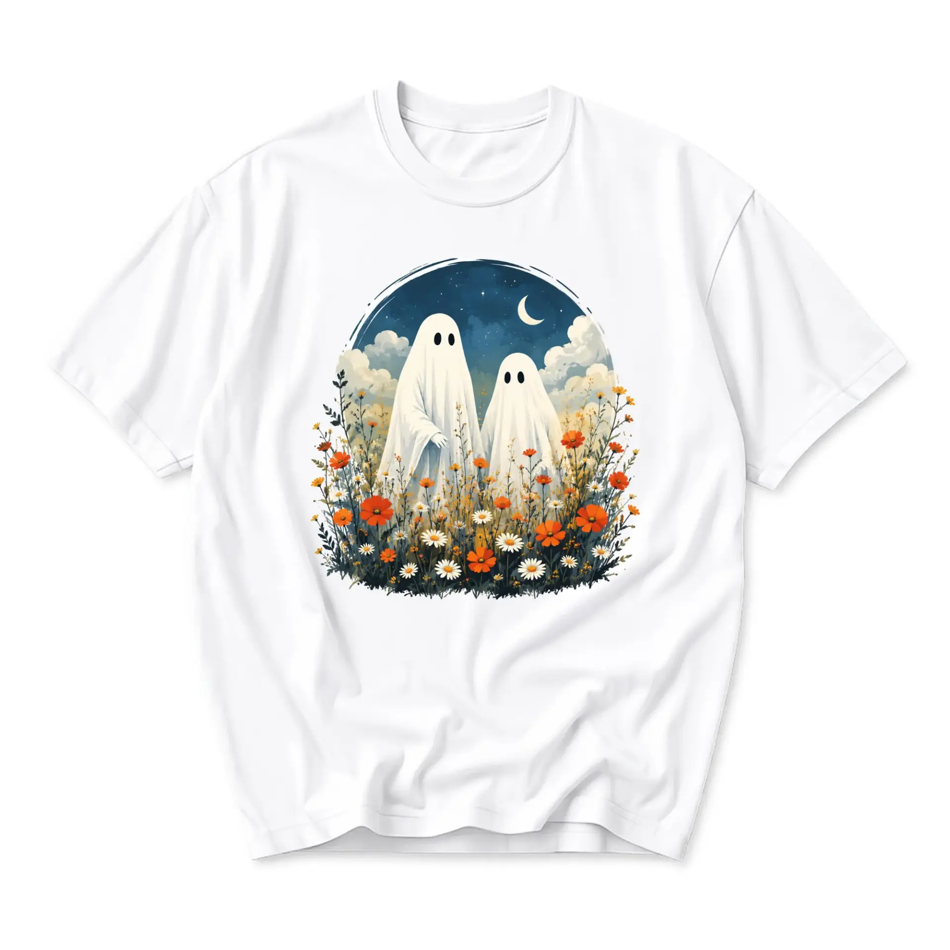 Graphic Tee Unisex Crew Neck T-Shirt Featuring Two Whimsical Ghosts Standing in a Vibrant Meadow Floral Scene