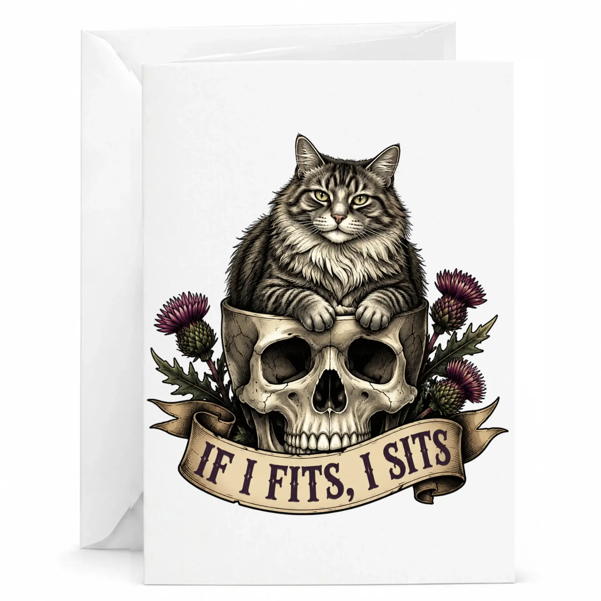 Funny Cat Greeting Card If I Fits I Tabby Sitting on Skull Illustration for Any Occasion