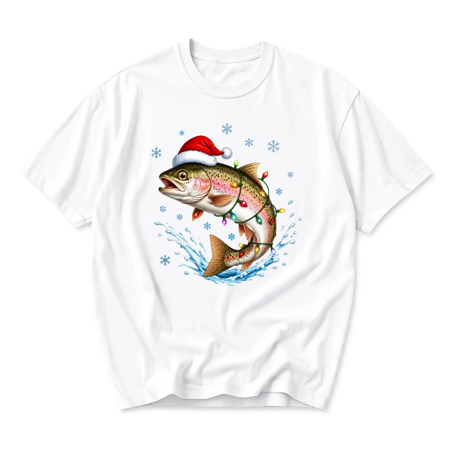 Graphic Tee Christmas Rainbow Trout Fishing Shirt Holiday Theme Unisex Crew