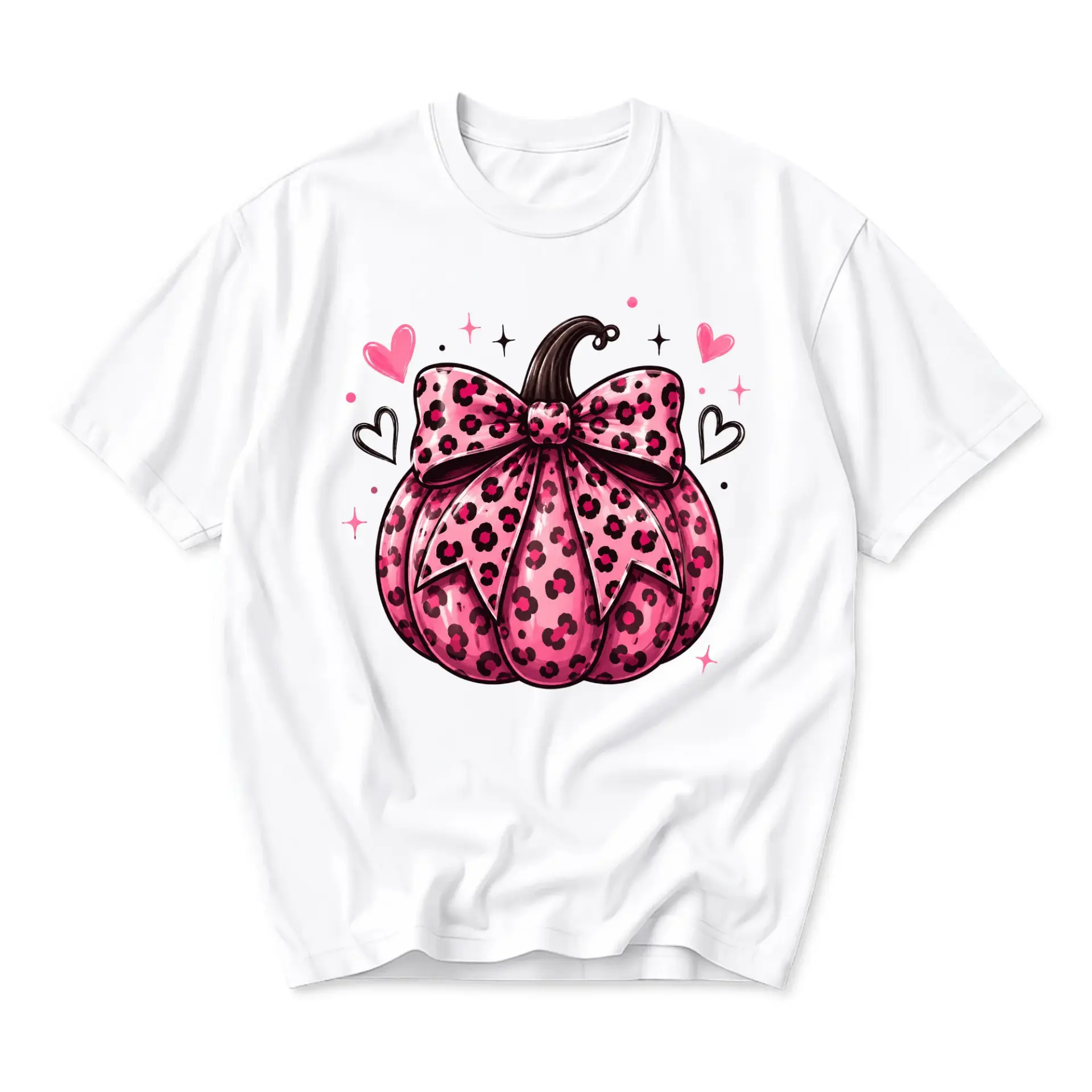 Graphic Tee Pink Leopard Pumpkin Bow Print Unisex Crew Neck Casual Everyday Short Sleeve Cotton Blend Fashion Shirt