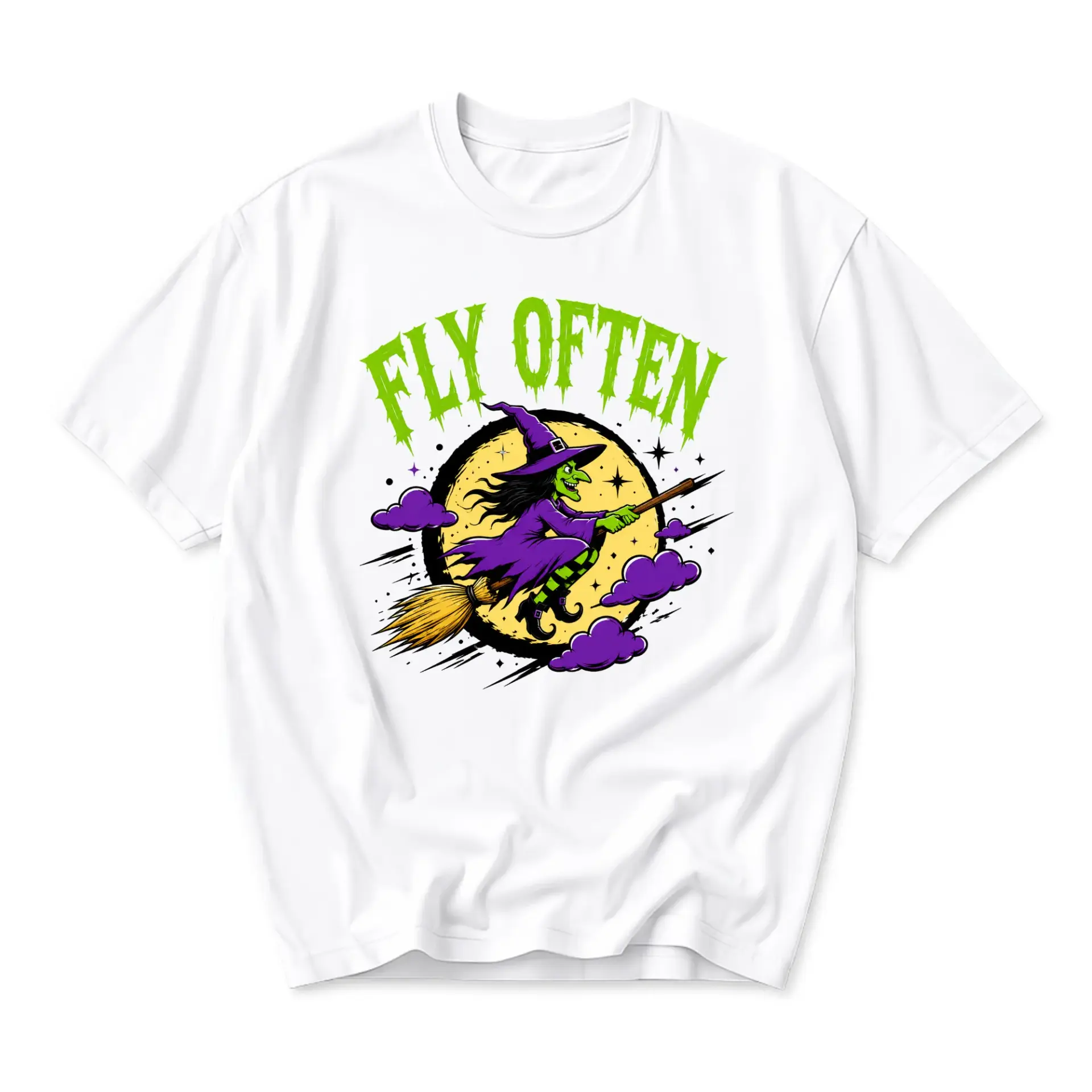 Graphic Tee Fly Often Witch Illustration Unisex Crew Neck Short Sleeve Cotton Blend Casual Everyday Shirt