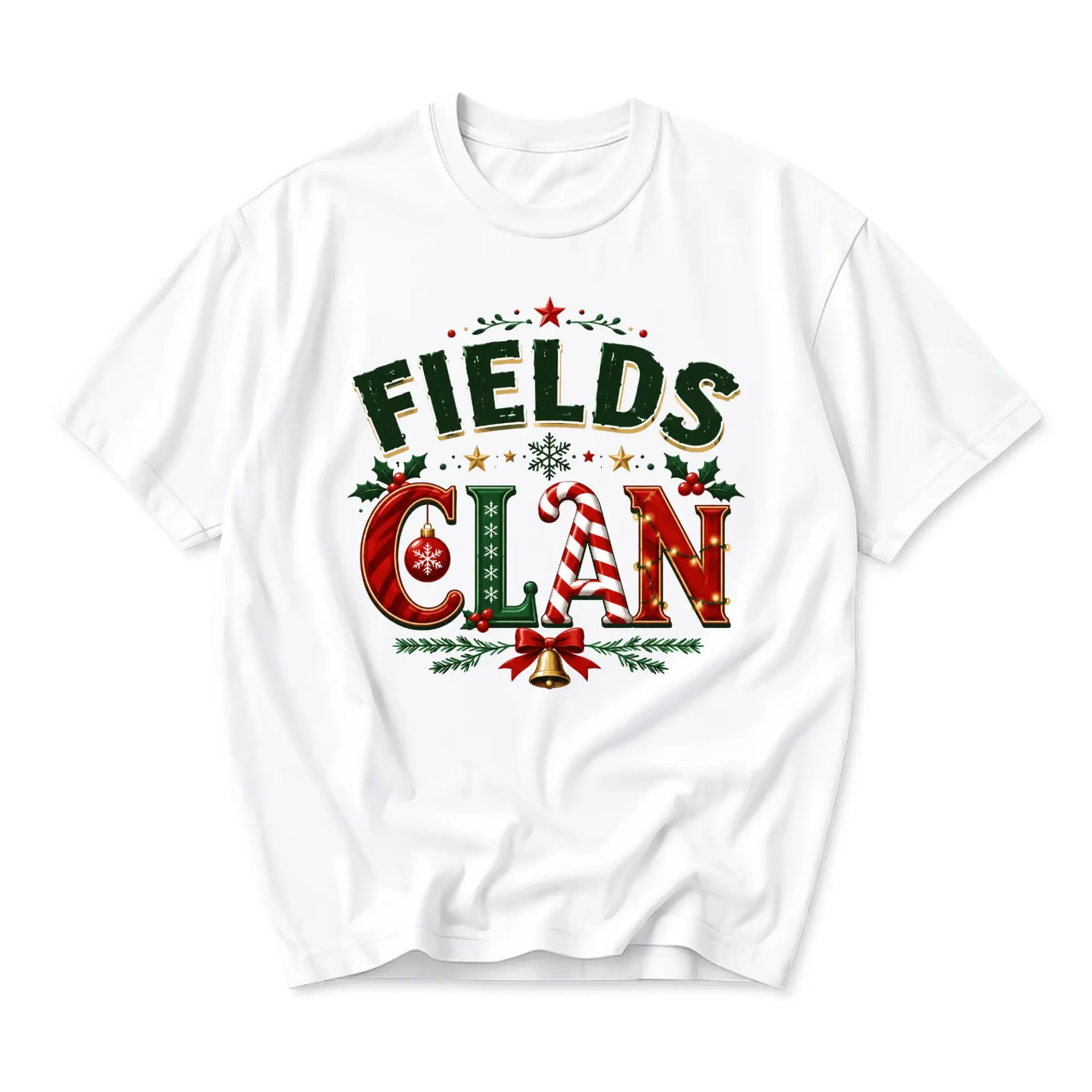 Graphic Tee Fields Clan Christmas Theme Unisex Crew Neck Short Sleeve Casual Cotton Blend Holiday Apparel Shirt White