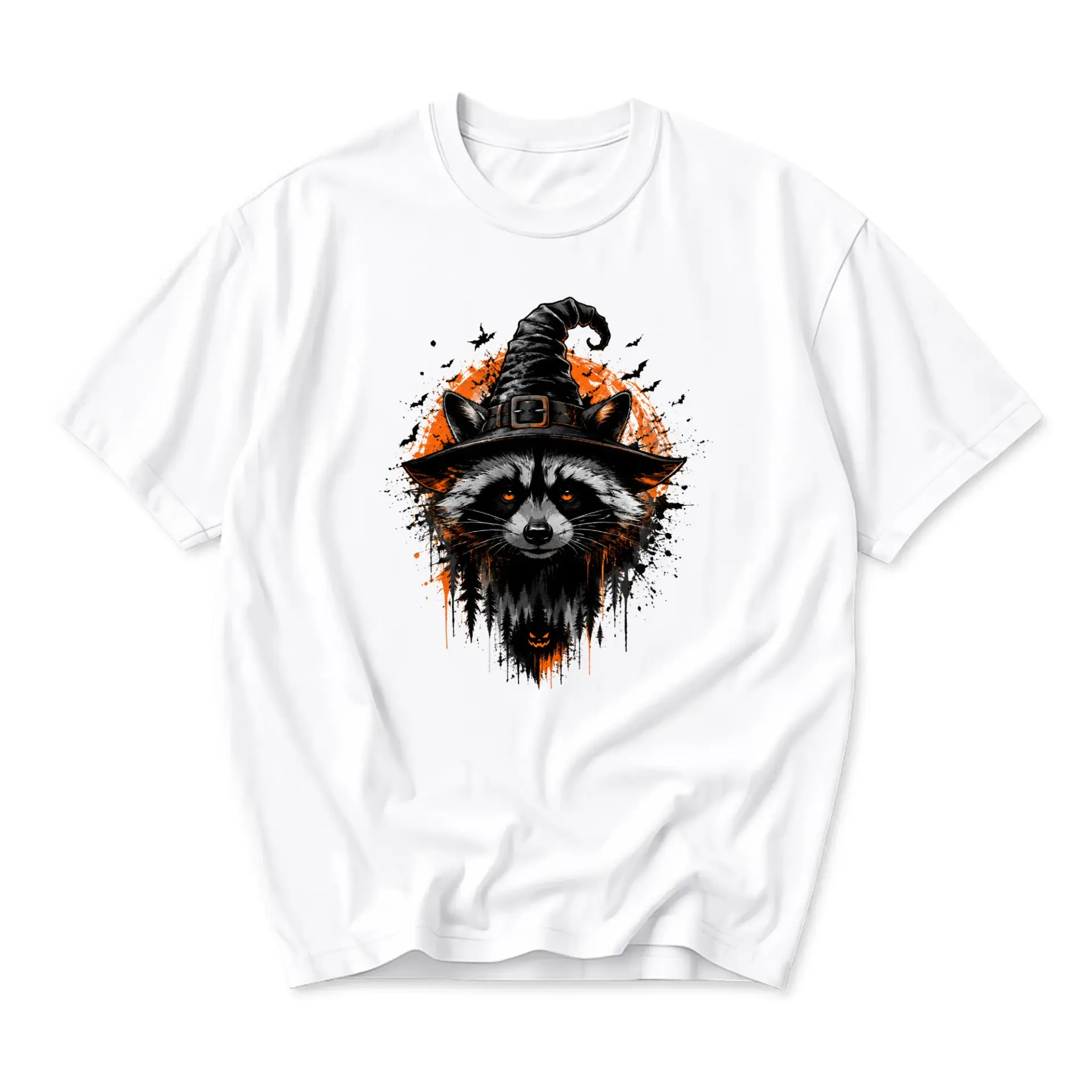 T-shirt Graphic Tee Featuring a Whimsical Raccoon Wearing a Witch Hat Halloween Themed Unisex Crew Neck Top