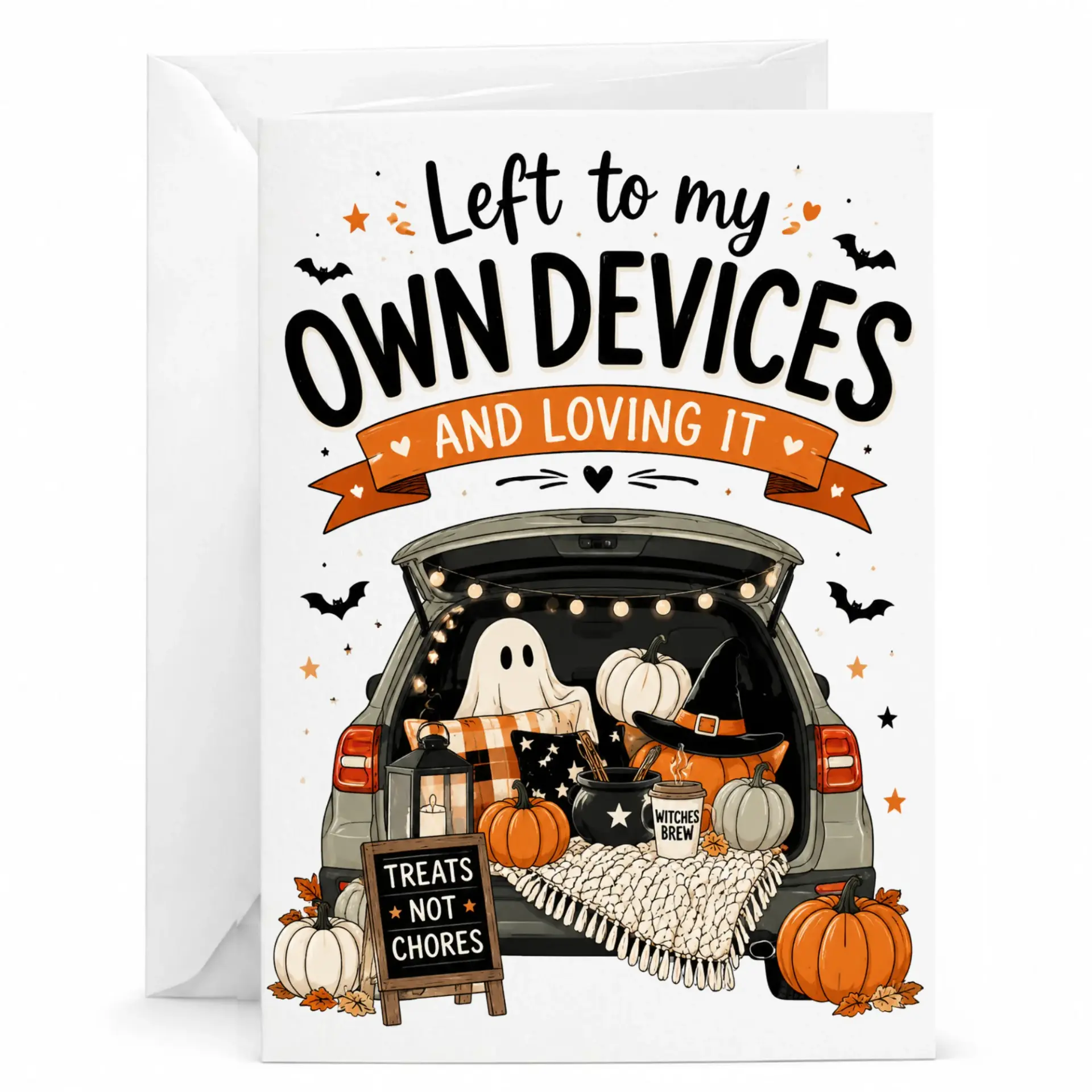Funny Halloween Greeting Card Left Own Devices and Loving It with Festive Autumn Trunk Pumpkin Decor Design