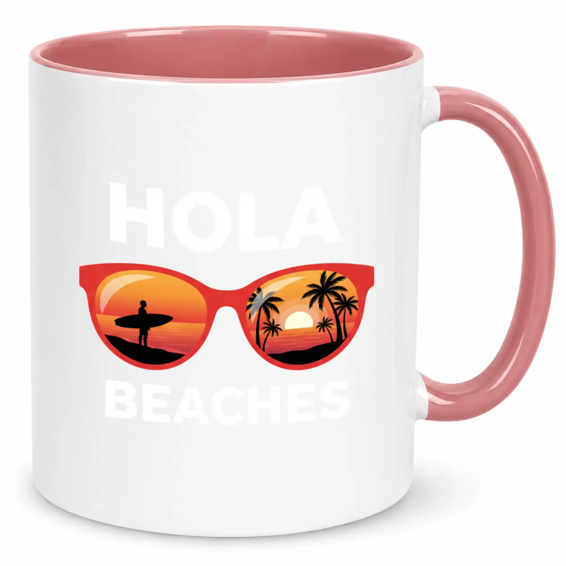 Funny Beach Themed Ceramic Coffee Mug with Hola Beaches and Tropical Sunset Sunglasses Design, Unique Summer Vacation Drinkware Gift