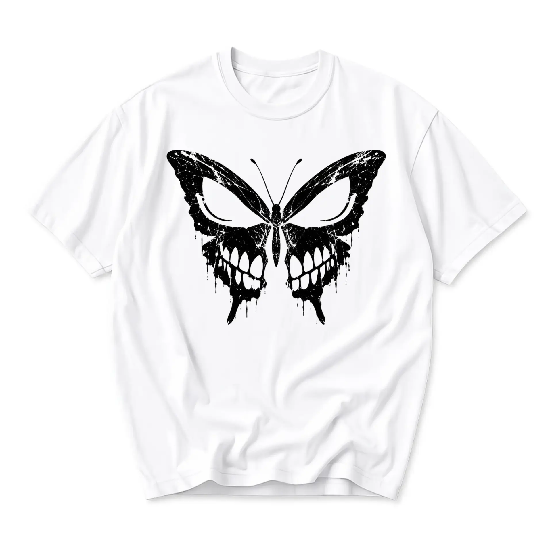 Graphic Tee Unisex Butterfly Skeleton Art Shirt Distressed Grunge Style Crew Neck Cotton Blend Casual Apparel