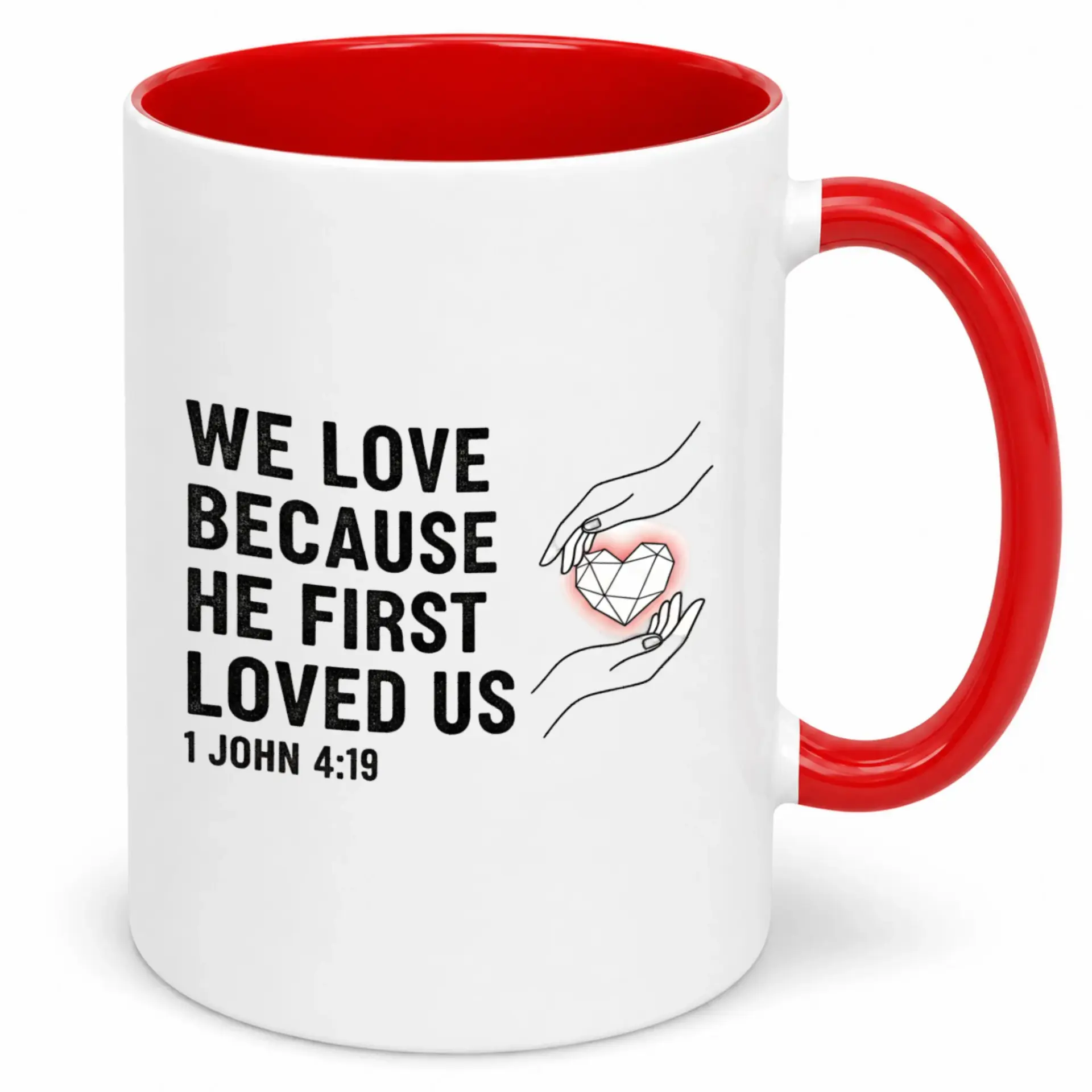Christian Faith Coffee Mug with Bible Verse 1 John 4:19 Inspirational Ceramic Cup for Daily Reflection and Gifting