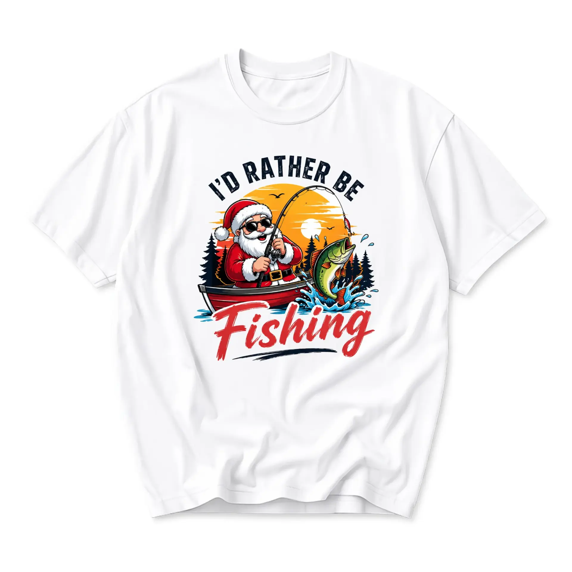 Funny Shirt I'd Rather Be Fishing Santa Graphic Tee Holiday Fisherman Gift