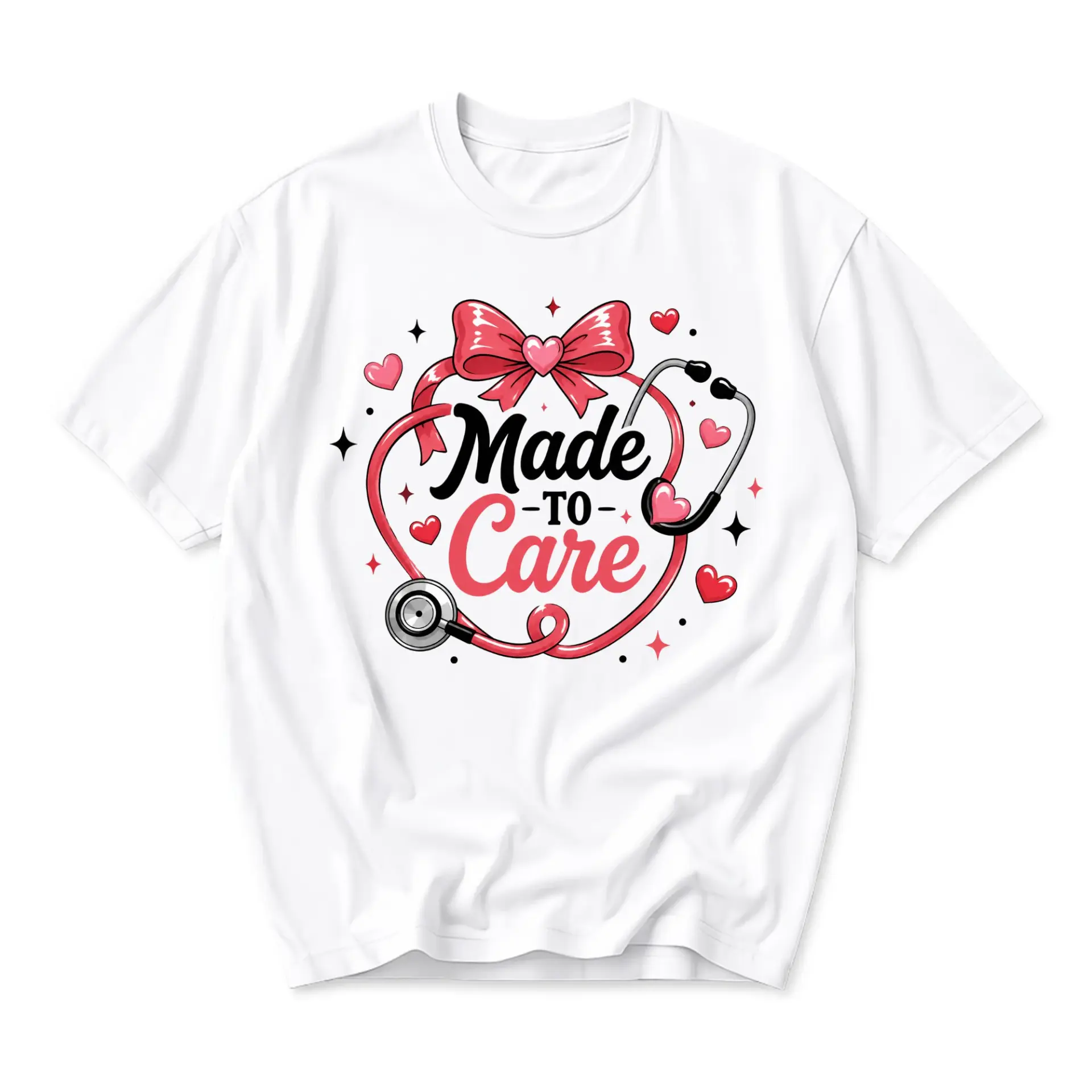 Graphic Tee Made to Care Stethoscope Heart Design Unisex Short Sleeve Crew Neck Comfortable Everyday Casual Shirt