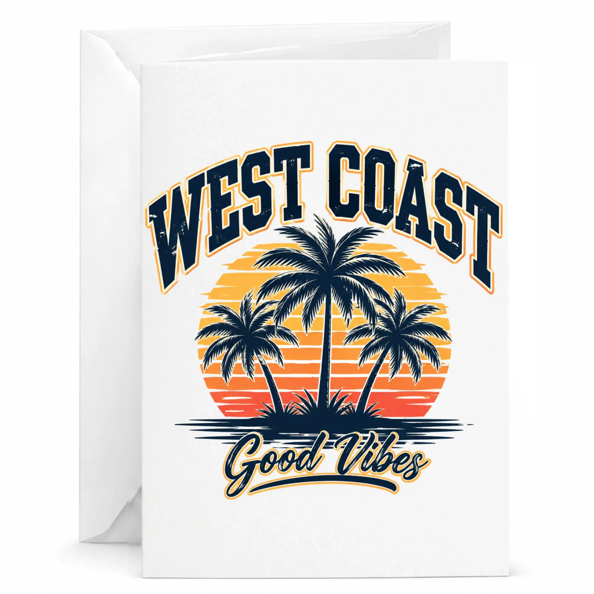 Greeting Card West Coast Good Vibes Palm Tree Tropical Sunset Illustration Featuring Distressed Retro Graphic Style Design