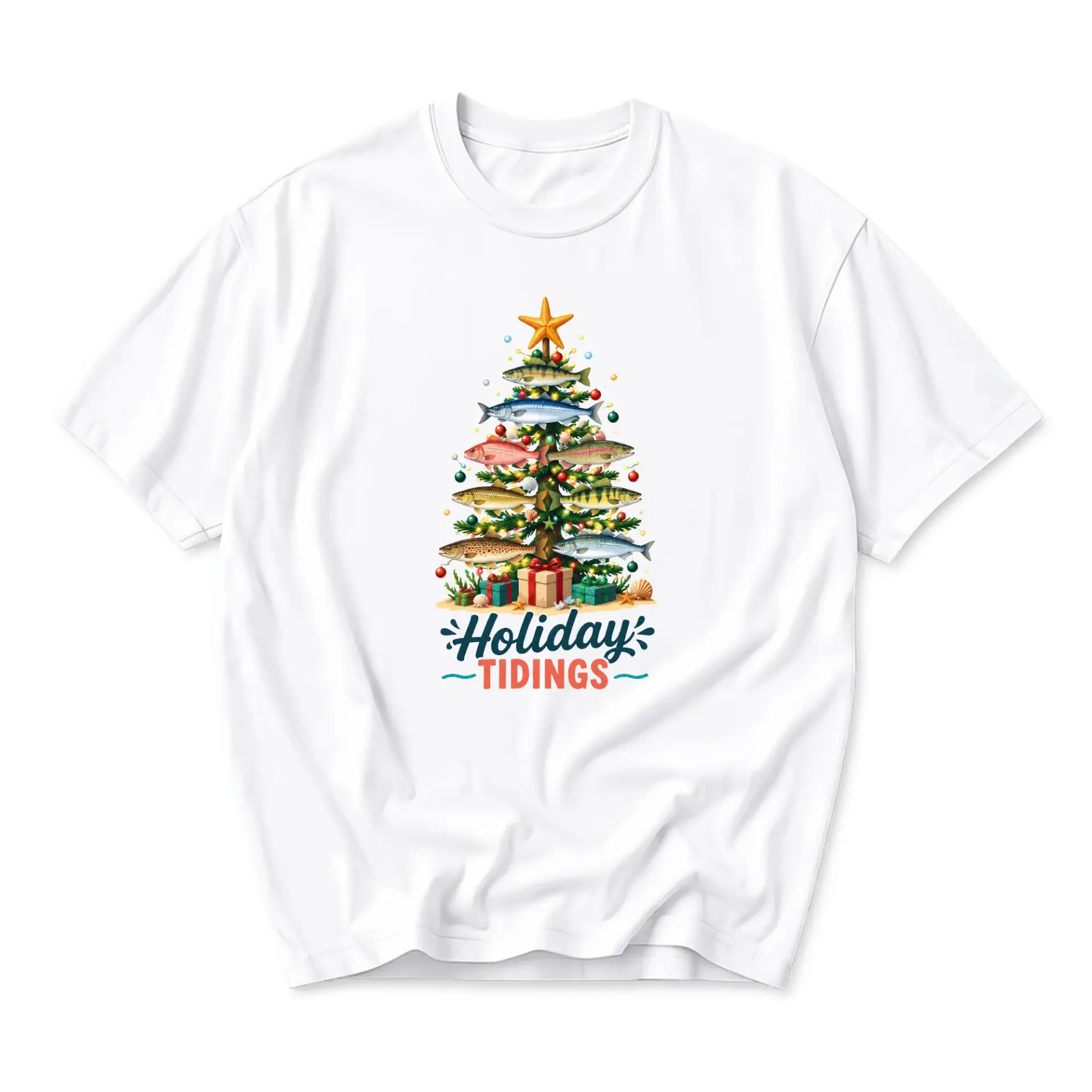 Graphic Tee Holiday Tidings Fishing Themed Christmas Tree Shirt Unisex Crew