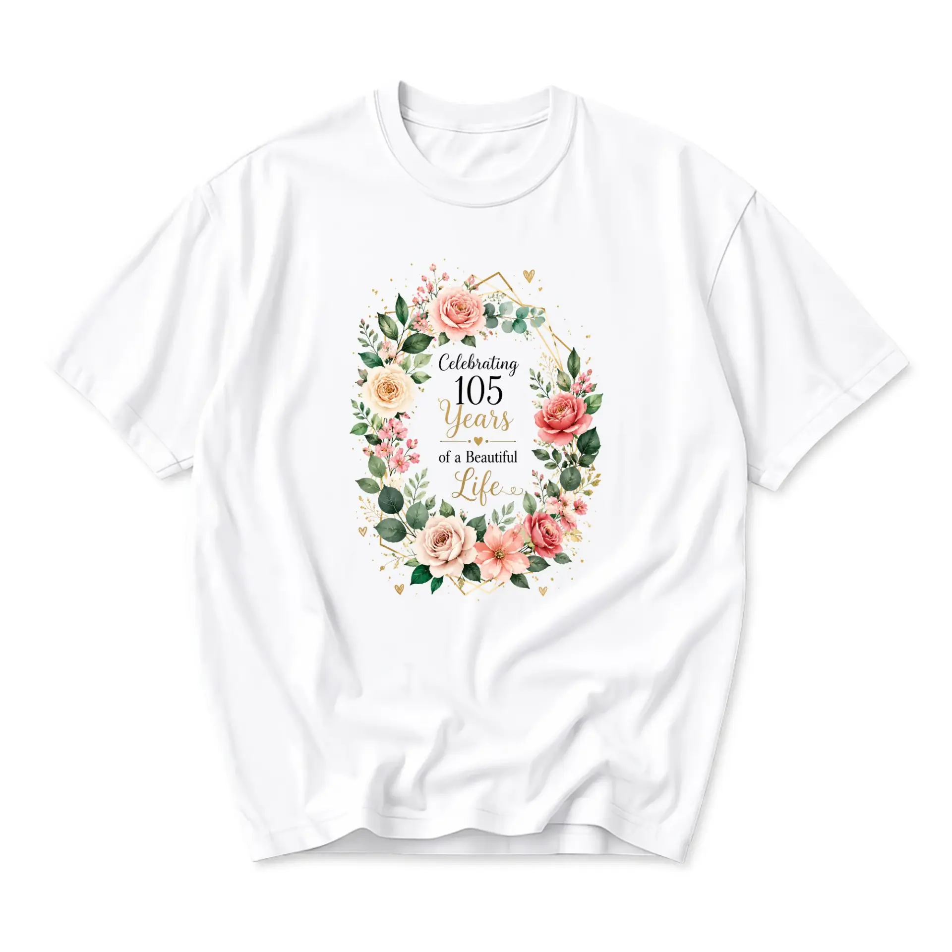 Graphic Tee Celebrating 105 Years of a Beautiful Life Floral Wreath Unisex Casual Crew Neck Anniversary Shirt
