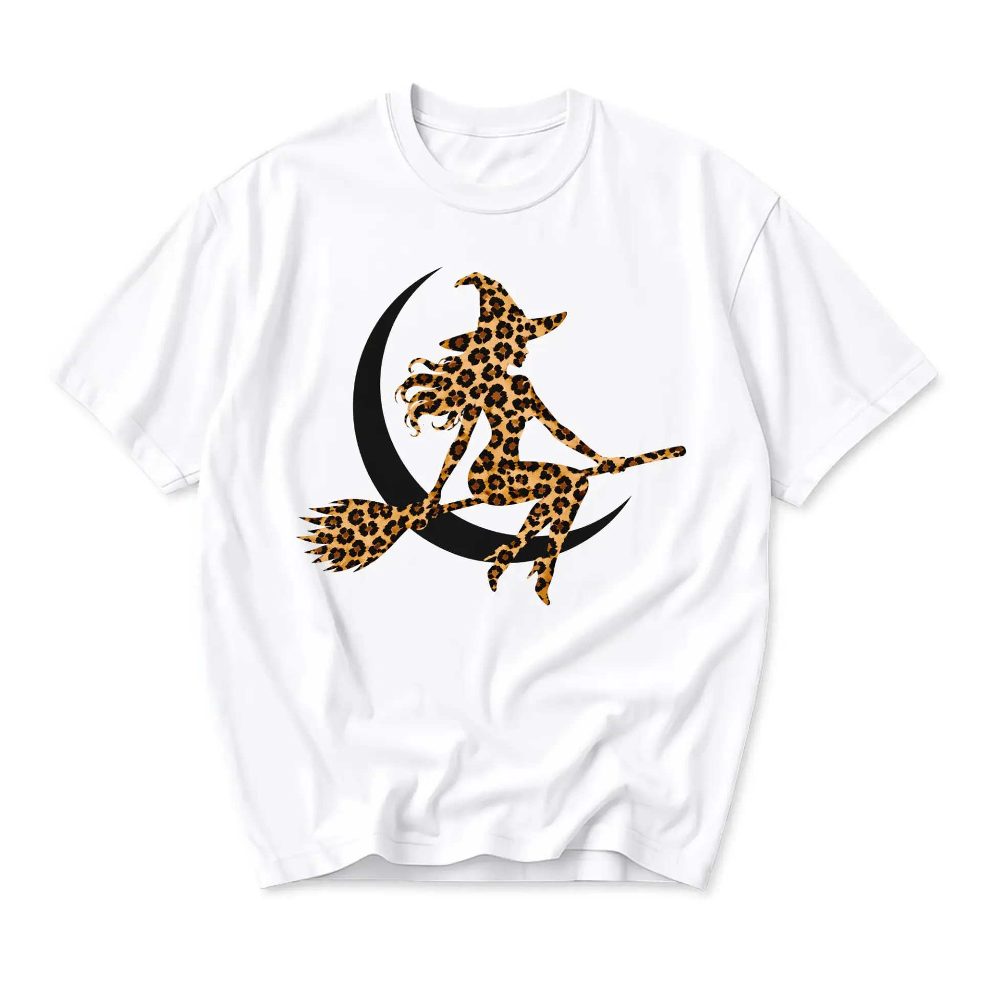Graphic Tee Unisex Crew Neck T-Shirt Featuring a Leopard Print Witch Silhouette Sitting on a Crescent Moon Graphic