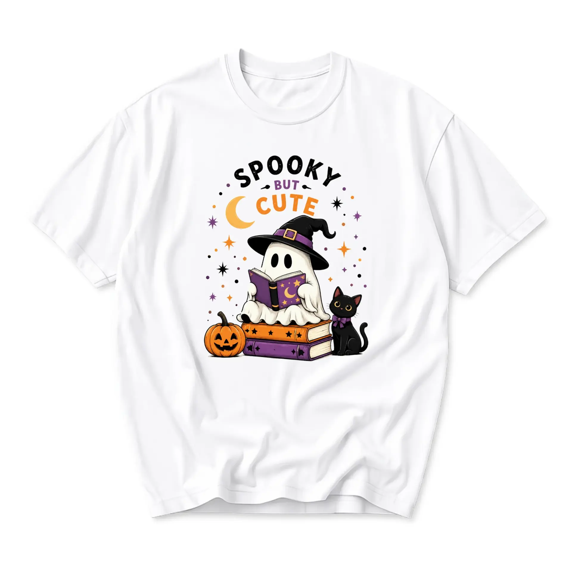 Graphic Tee Spooky but Cute Ghost Reading Book Shirt Halloween Seasonal Apparel Unisex Crew Neck Casual Short Sleeve Top
