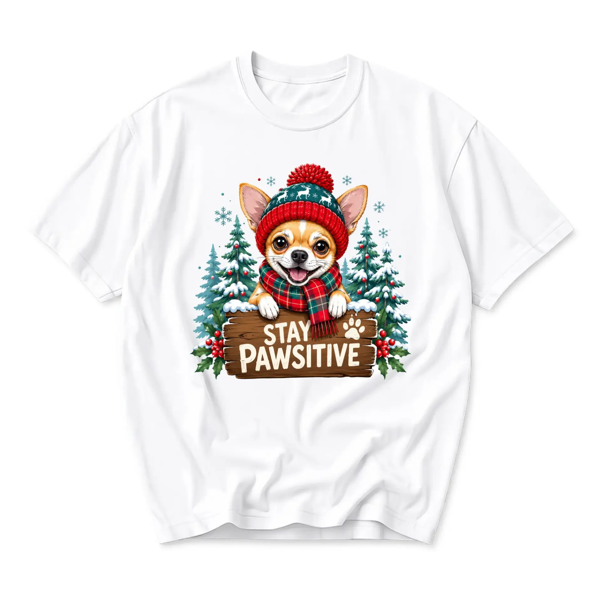 Funny Shirt Stay Pawsitive Chihuahua Christmas Graphic Tee Unisex Holiday Crew Neck Casual Cotton Blend Apparel