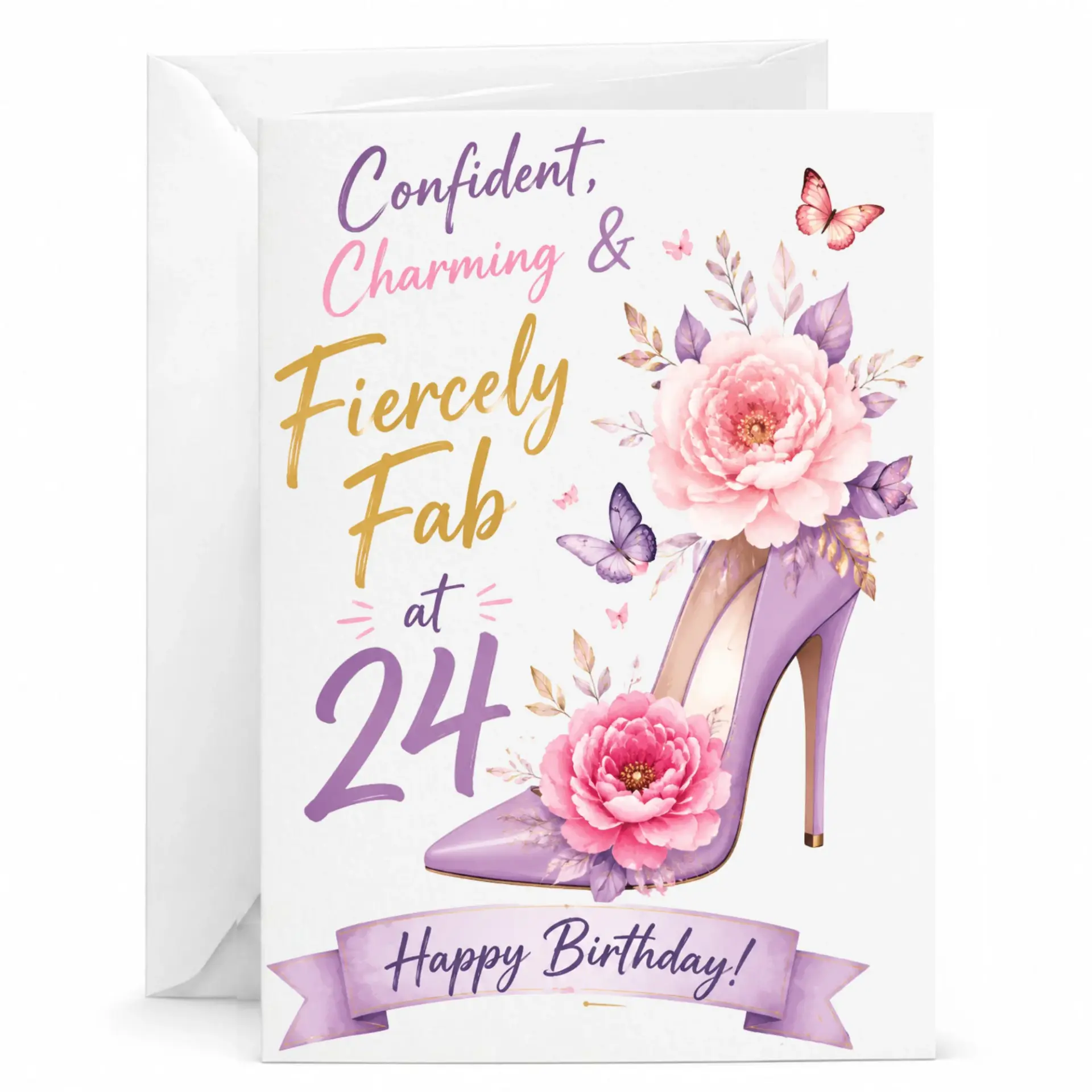 Birthday Card for Her, 24th Birthday Greeting Card Featuring High Heel Shoe and Floral Design with Matching Envelope