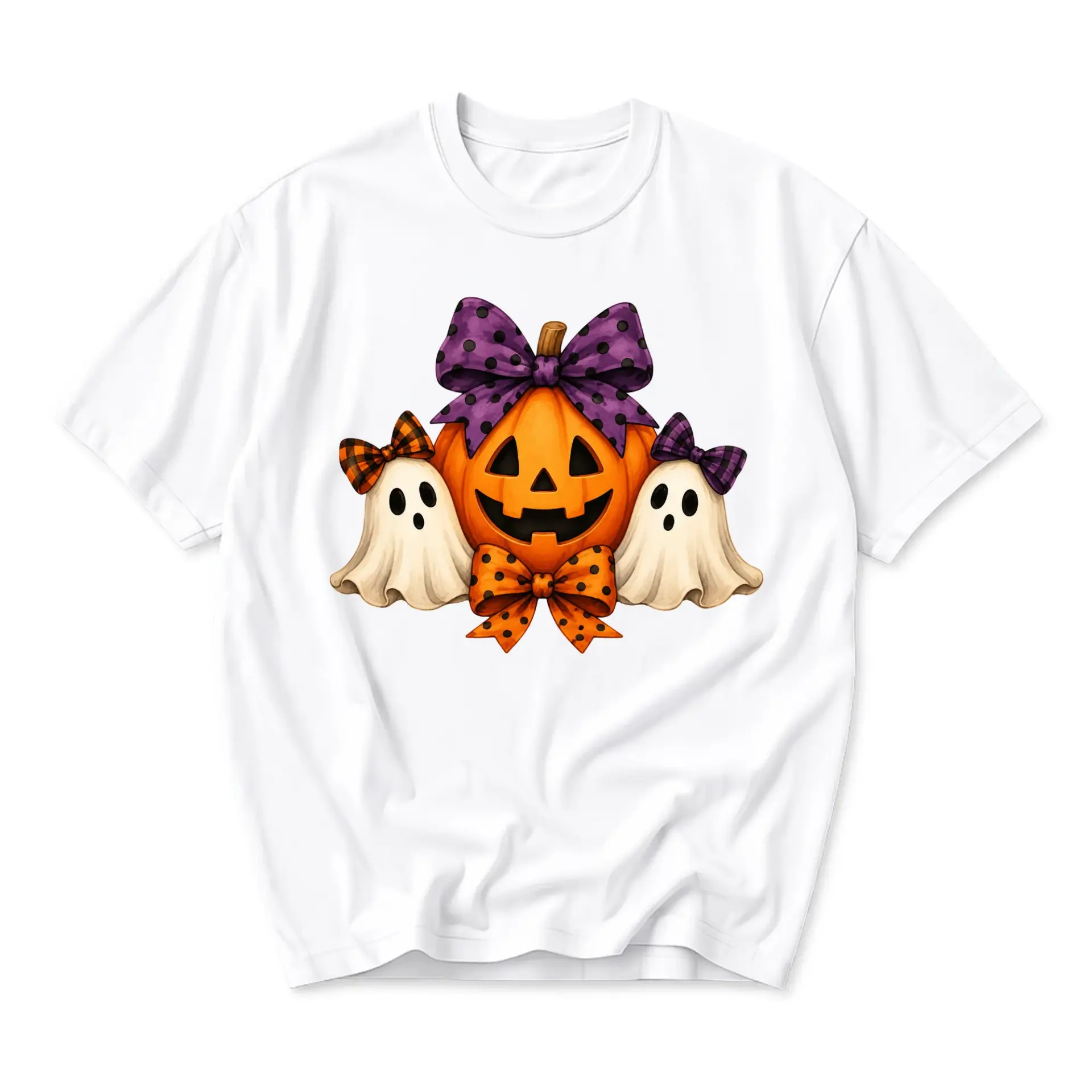 Graphic Tee Pumpkin and Ghosts Halloween Bow Design Unisex Casual Crew Neck Comfortable Cotton Blend Shirt Top