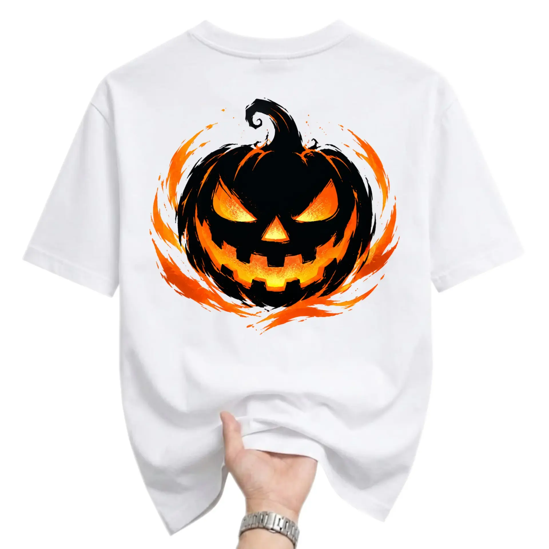 Graphic Tee Unisex Halloween Pumpkin Shirt with Flaming Jack O Lantern Print for Casual Wear and Everyday Outfits
