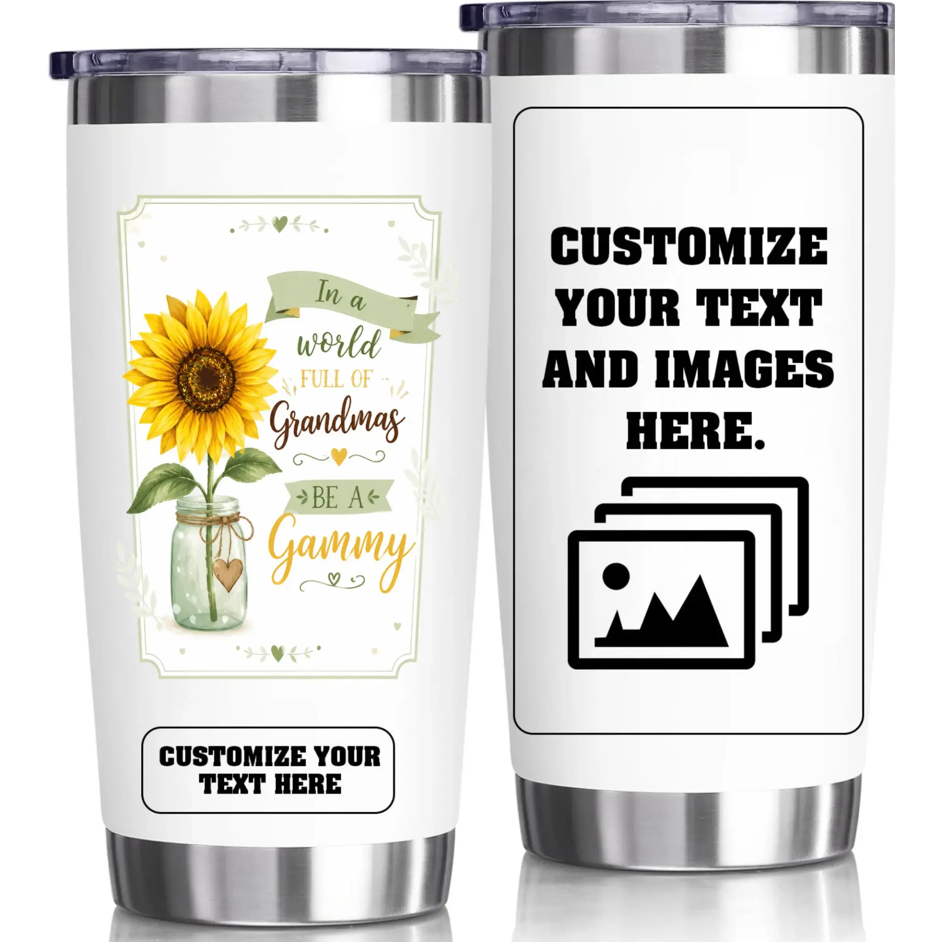Stainless Steel Tumbler 20oz Personalized Sunflower Design Gift for Grandma Travel Cup with Splash Resistant Lid
