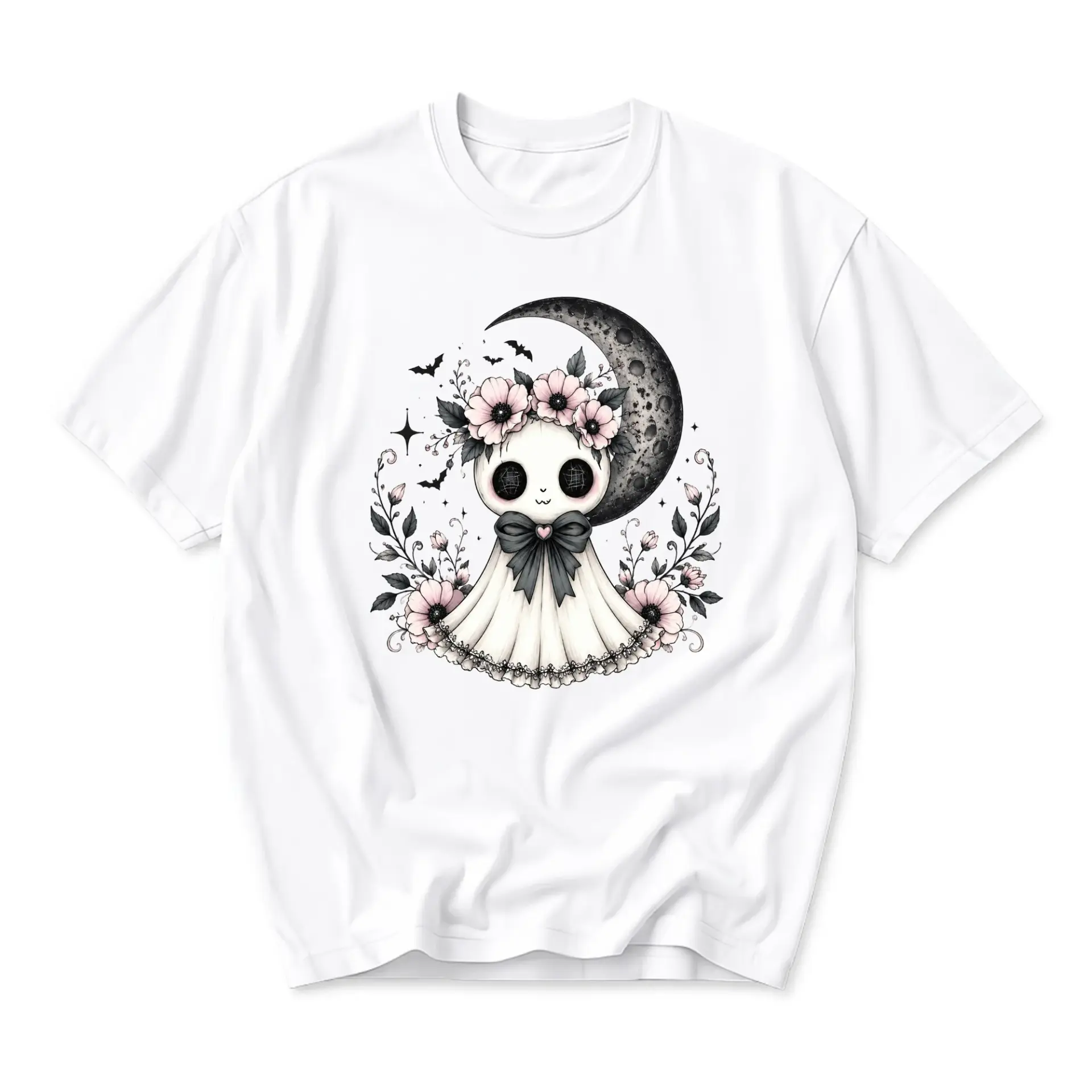 Graphic Tee Unisex Ghost with Flowers and Crescent Moon Aesthetic Casual Short Sleeve Cotton Crew Neck Shirt