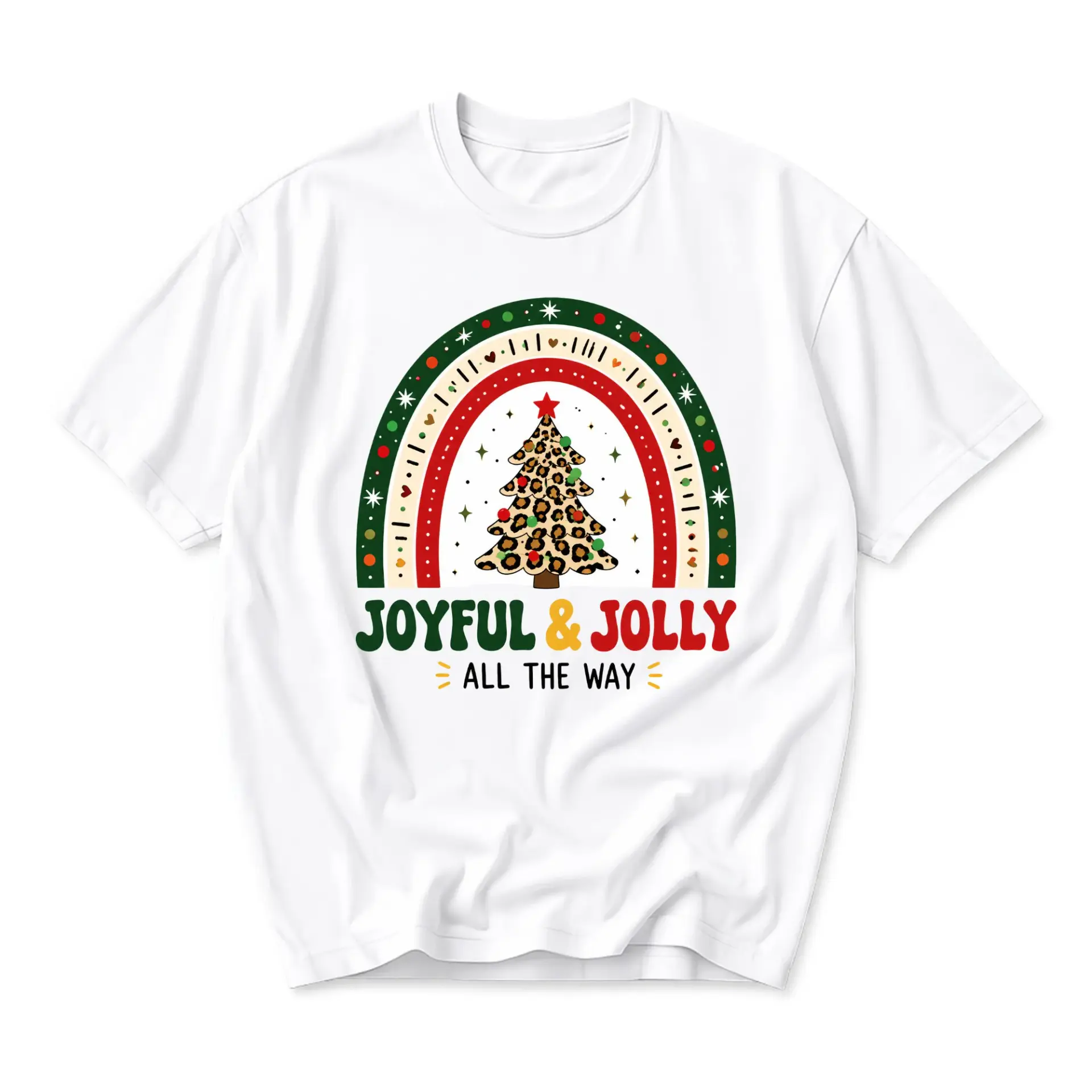 T-shirt Joyful and Jolly All the Way Graphic Tee Holiday Rainbow Leopard Print Christmas Tree Seasonal Apparel