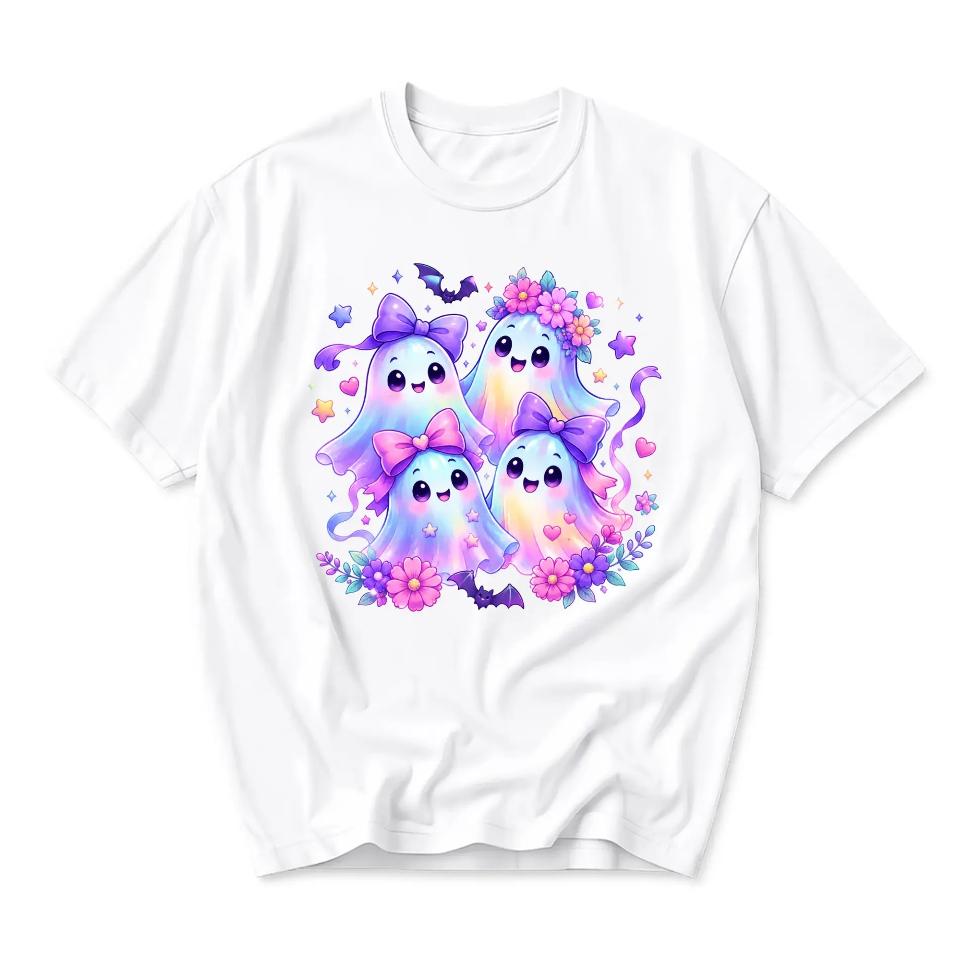Graphic Tee Unisex Crew Neck T-Shirt Featuring Cute Pastel Ghosts with Floral Bows and Stars Artistic Illustration