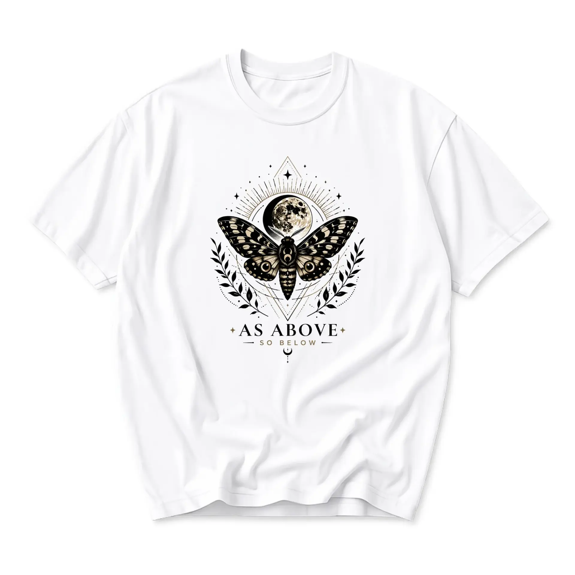 Graphic Tee Celestial Moth Art Print as Above so Below Unisex Casual Crew Neck Soft Cotton Short Sleeve White T-Shirt