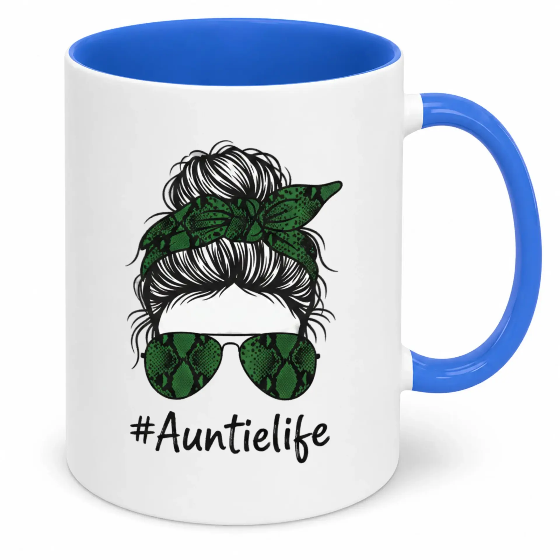 Funny Auntie Life Coffee Mug with Messy Bun Hairstyle and Green Snake Print Sunglasses Design Ceramic Tea Cup for Aunts