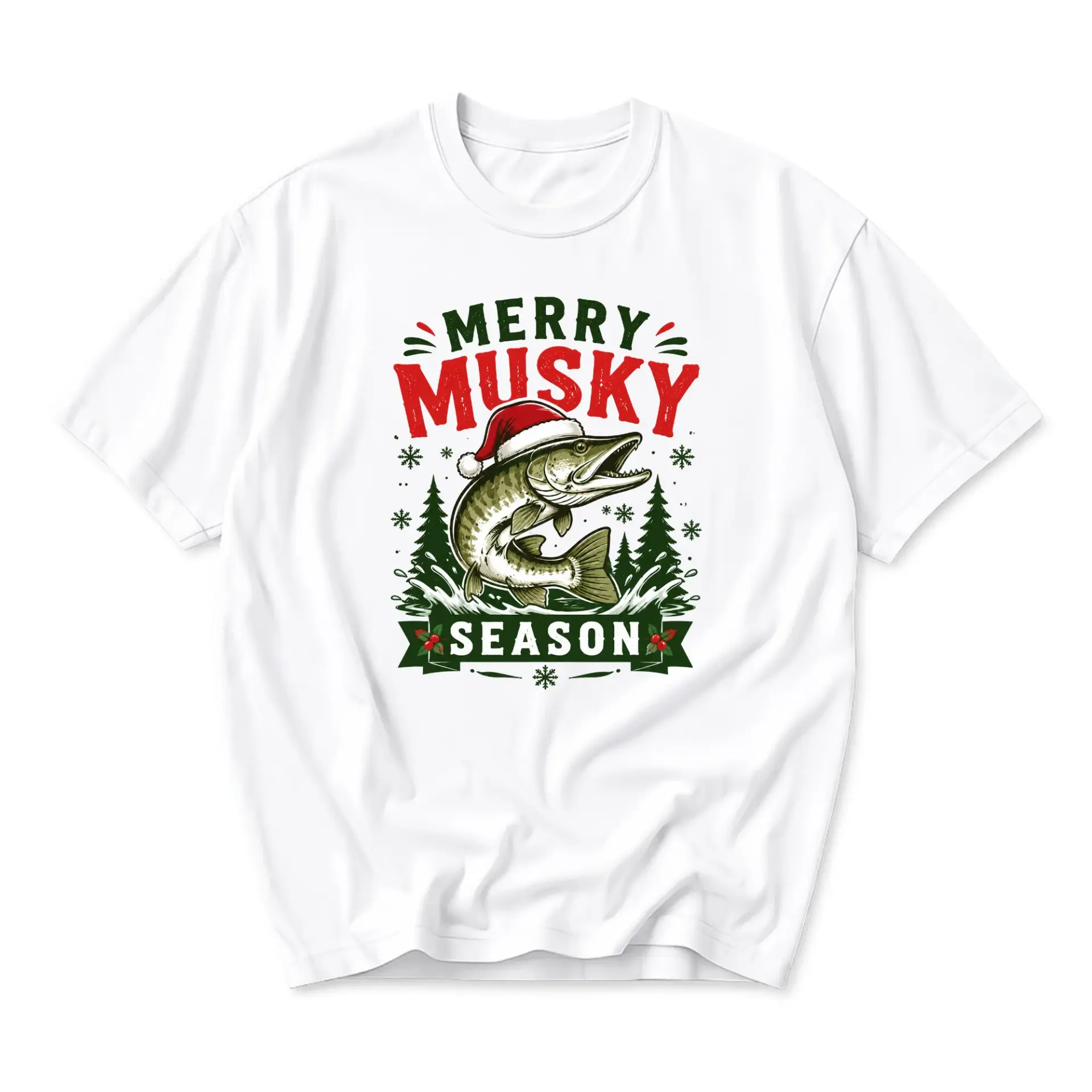 Funny Shirt Merry Musky Season Fishing Graphic Tee Holiday Freshwater Fish Print Unisex Casual Cotton Crew Neck Top