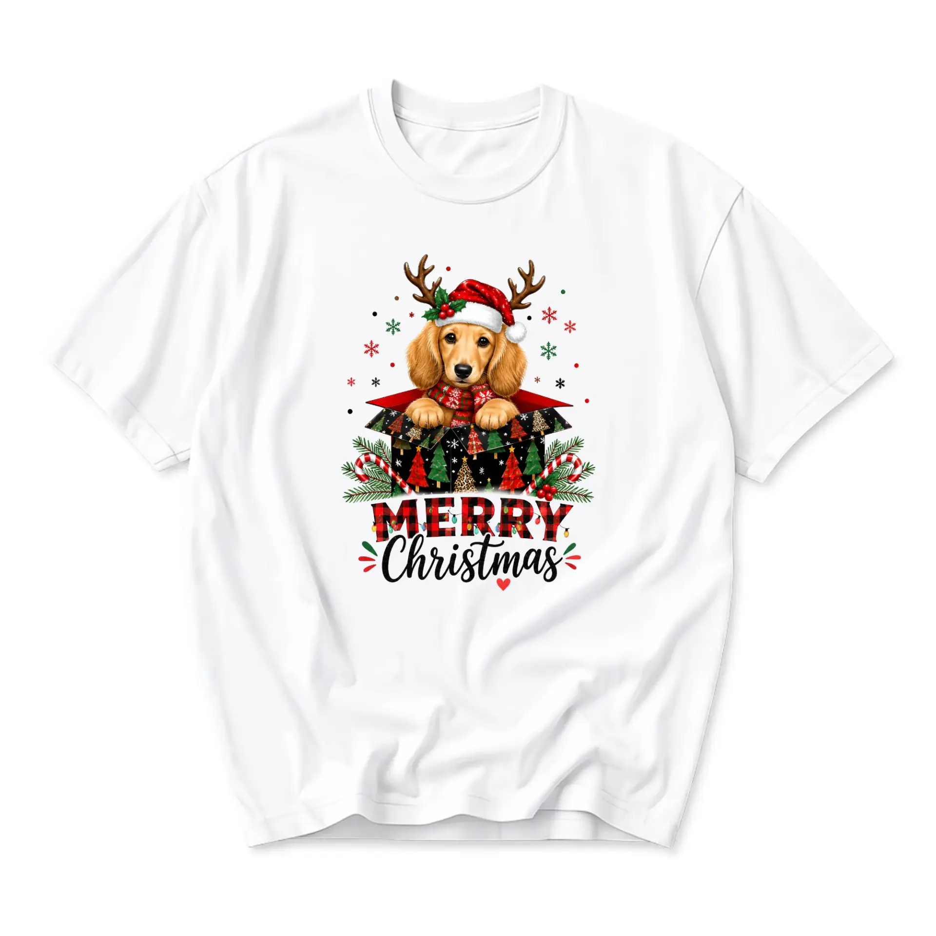 Graphic Tee Unisex Holiday T-Shirt Featuring Festive Dog Puppy in Gift Box