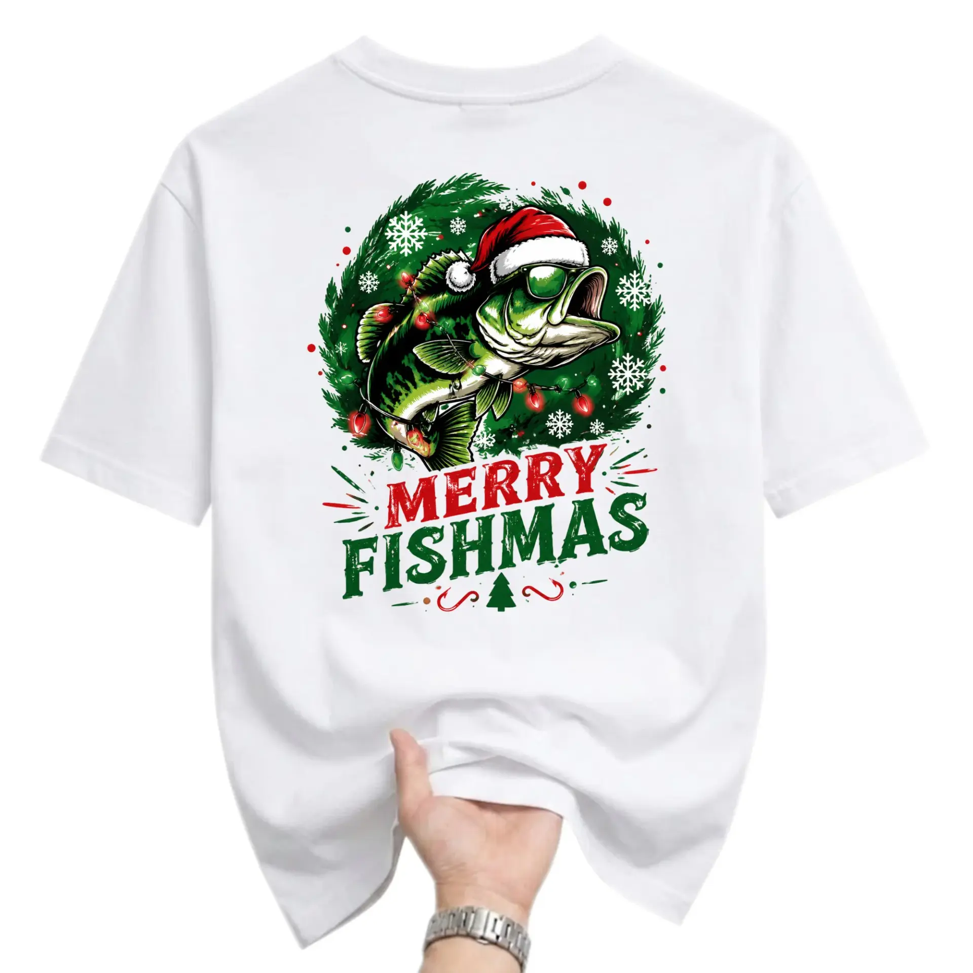 Funny Shirt Merry Fishmas Bass Fishing Holiday Graphic Tee Casual Unisex Crew Neck Short Sleeve Cotton Apparel