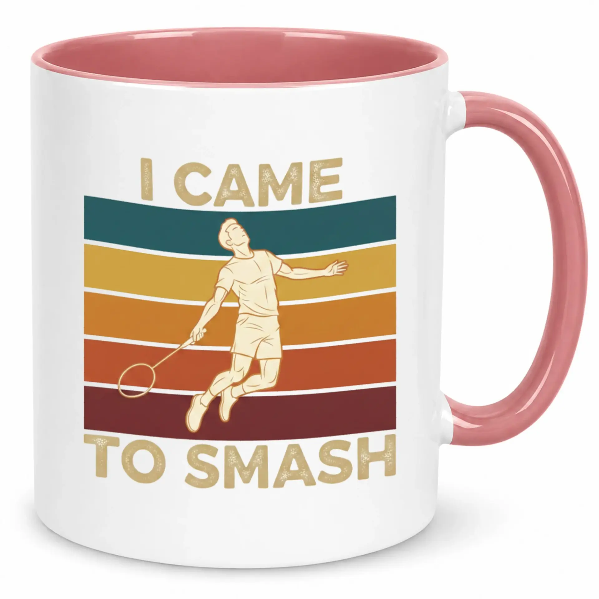 Funny Badminton Coffee Mug for Players and Fans, Sports Enthusiast Ceramic Cup with Retro Sunset Design and Smash Quote